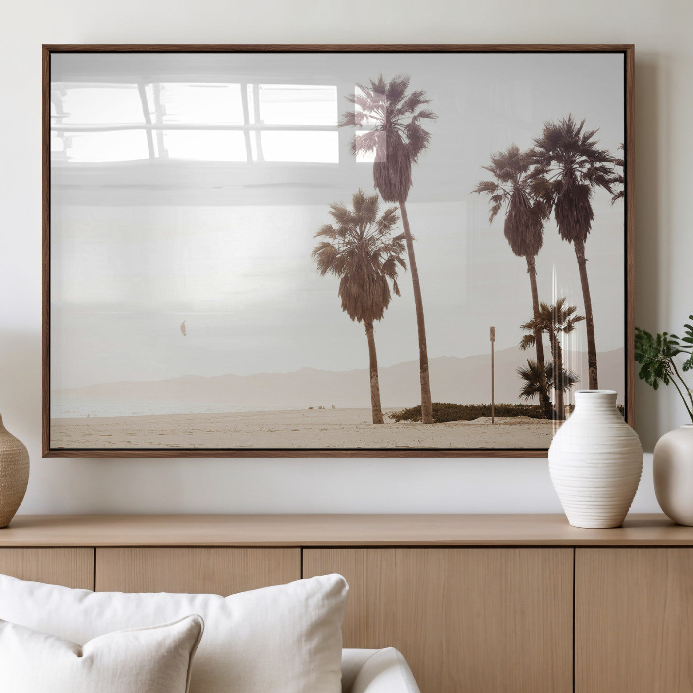 48255923-MGV-FP-36X24-3P_Walnut-Coastal Light Wall Art Canvas Print, Framed Relaxing Shoreline Art Picture Print, Minimalist Ocean Perfect Tropical Serenity Decor