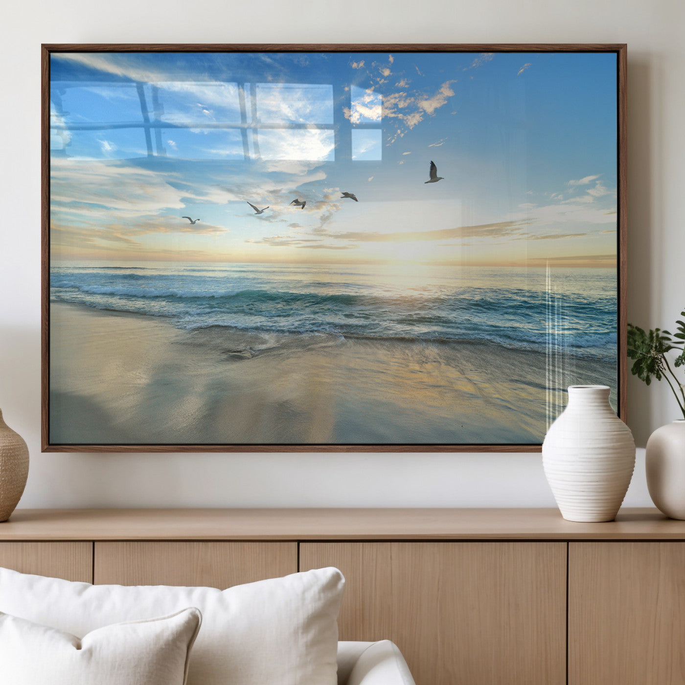 20708696-MGV-FP-36X24-3P_Walnut-Minimalist Seaside Wall Art Canvas Print, Framed Morning Glow Art Picture Print, Golden Reflections Perfect Coastal Minimalist