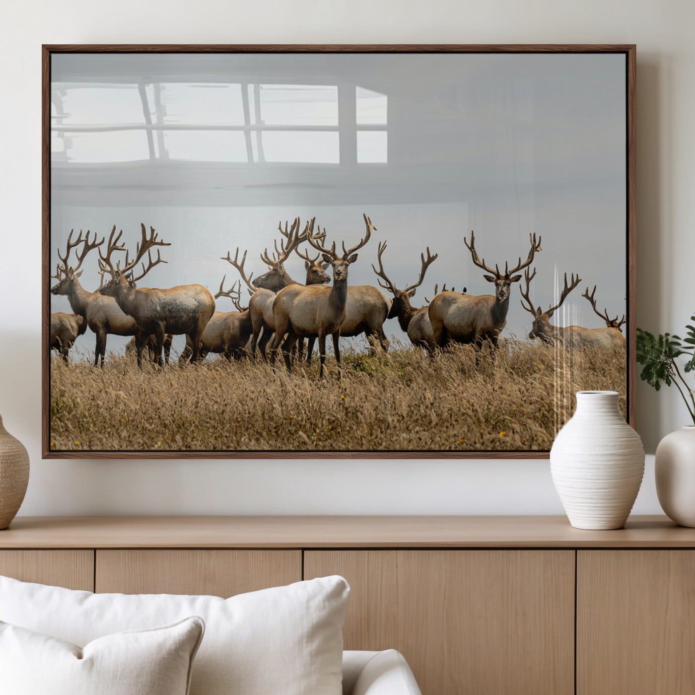 42170220-MGV-FP-36X24-3P_Walnut-Elk Herd Wall Art Canvas Print, Framed Wildlife Photography Art Picture Print, Majestic Antlers Perfect Rustic Wildlife Decor