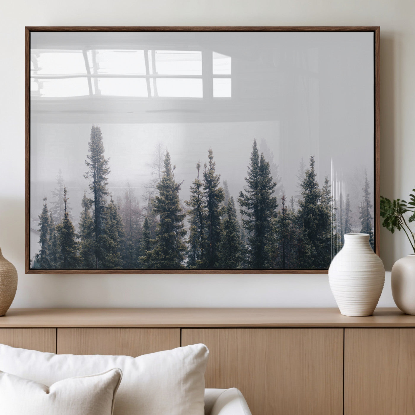 42364796-MGV-FP-36X24-3P_Walnut-Foggy Forest Wall Art Canvas Print, Framed Misty Pines Art Picture Print, Moody Woodland Perfect Scandinavian Minimalist Decor