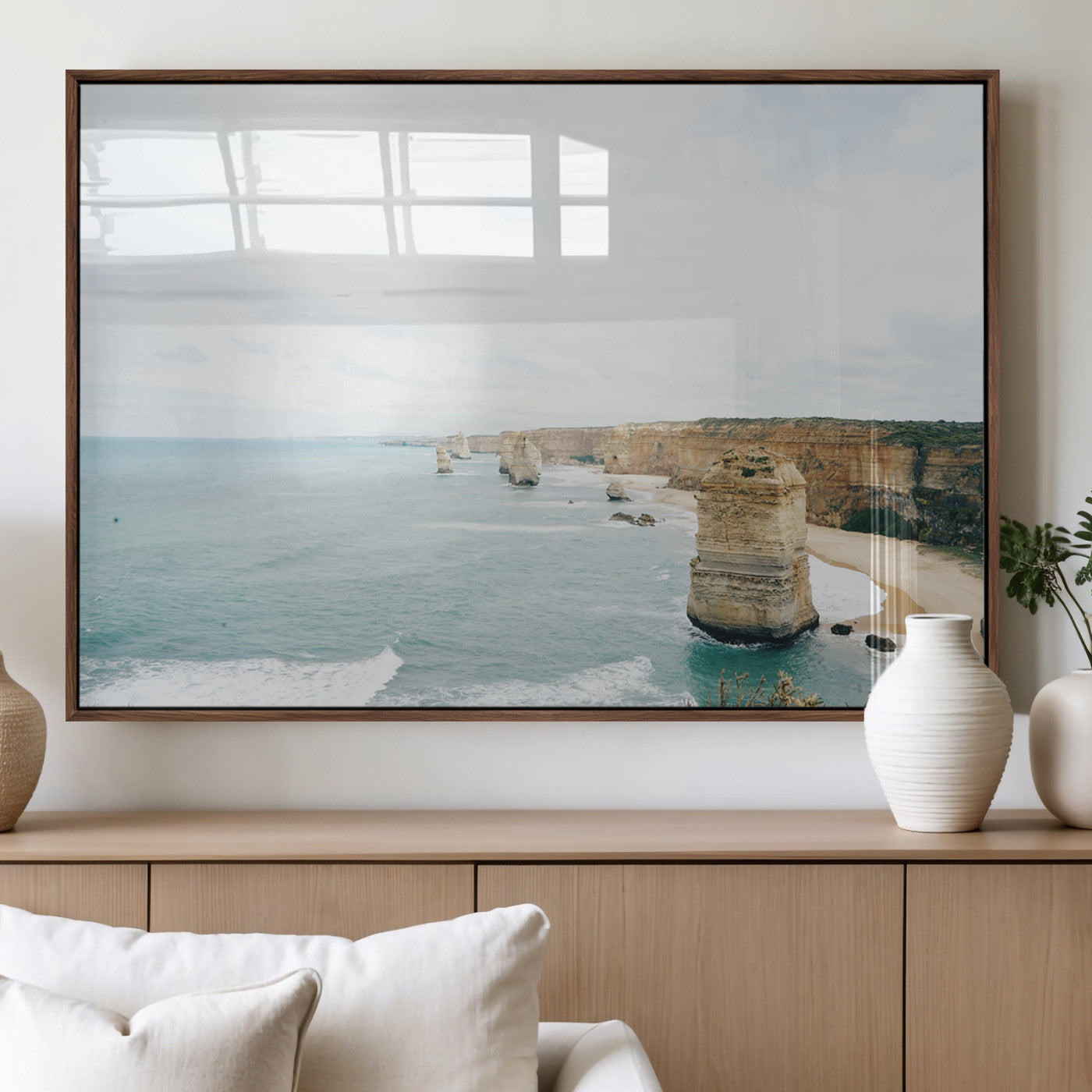70095633-MGV-FP-36X24-3P_Walnut-Twelve Apostles Wall Art Canvas Print, Framed Coastal Cliffs Art Picture Print, Rugged Rock Formations Perfect Minimalist Coastal
