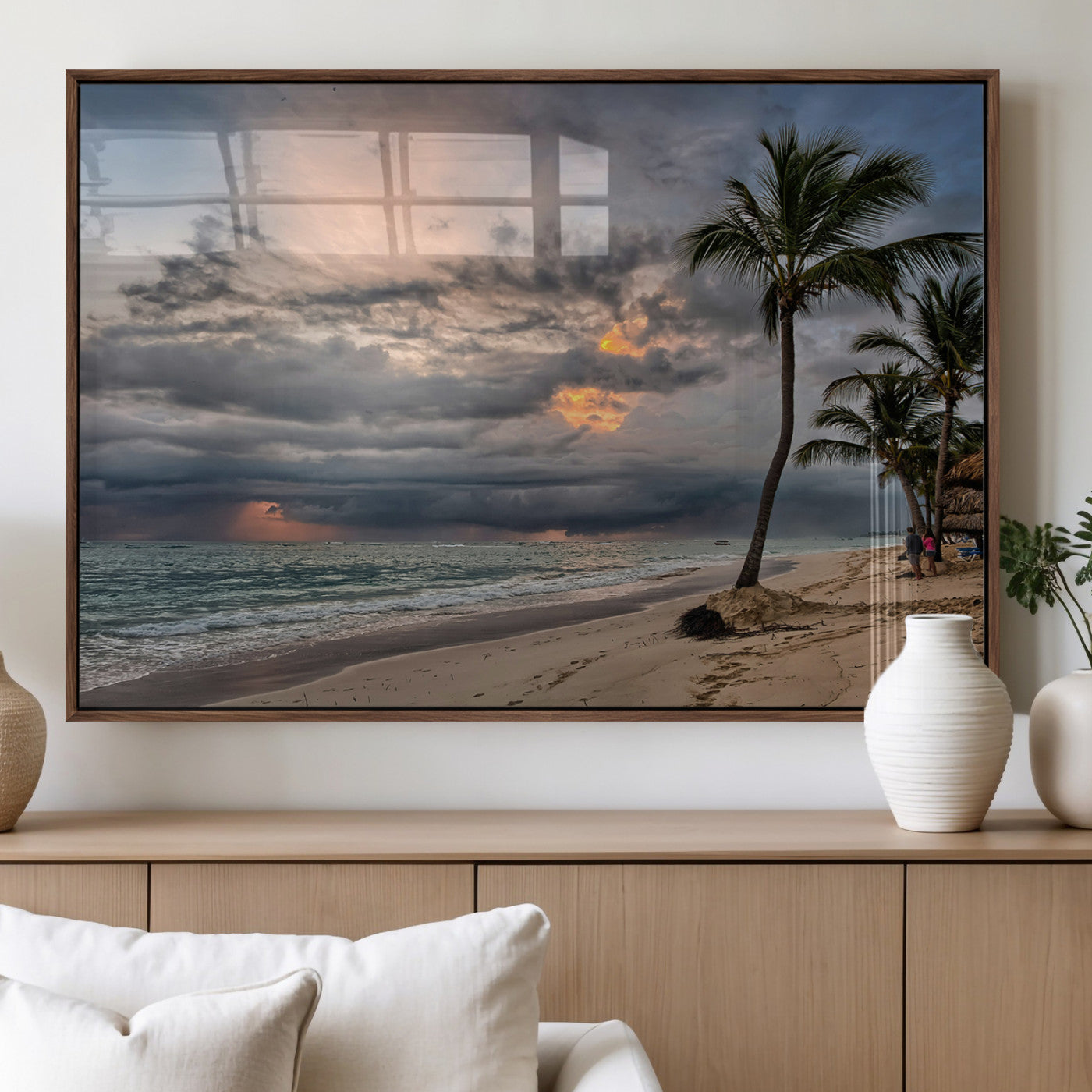 62574547-MGV-FP-36X24-3P_Walnut-Tropical Storm Wall Art Canvas Print, Framed Moody Beach Art Picture Print, Dramatic Sky Perfect Tropical Coastal Decor Artwork