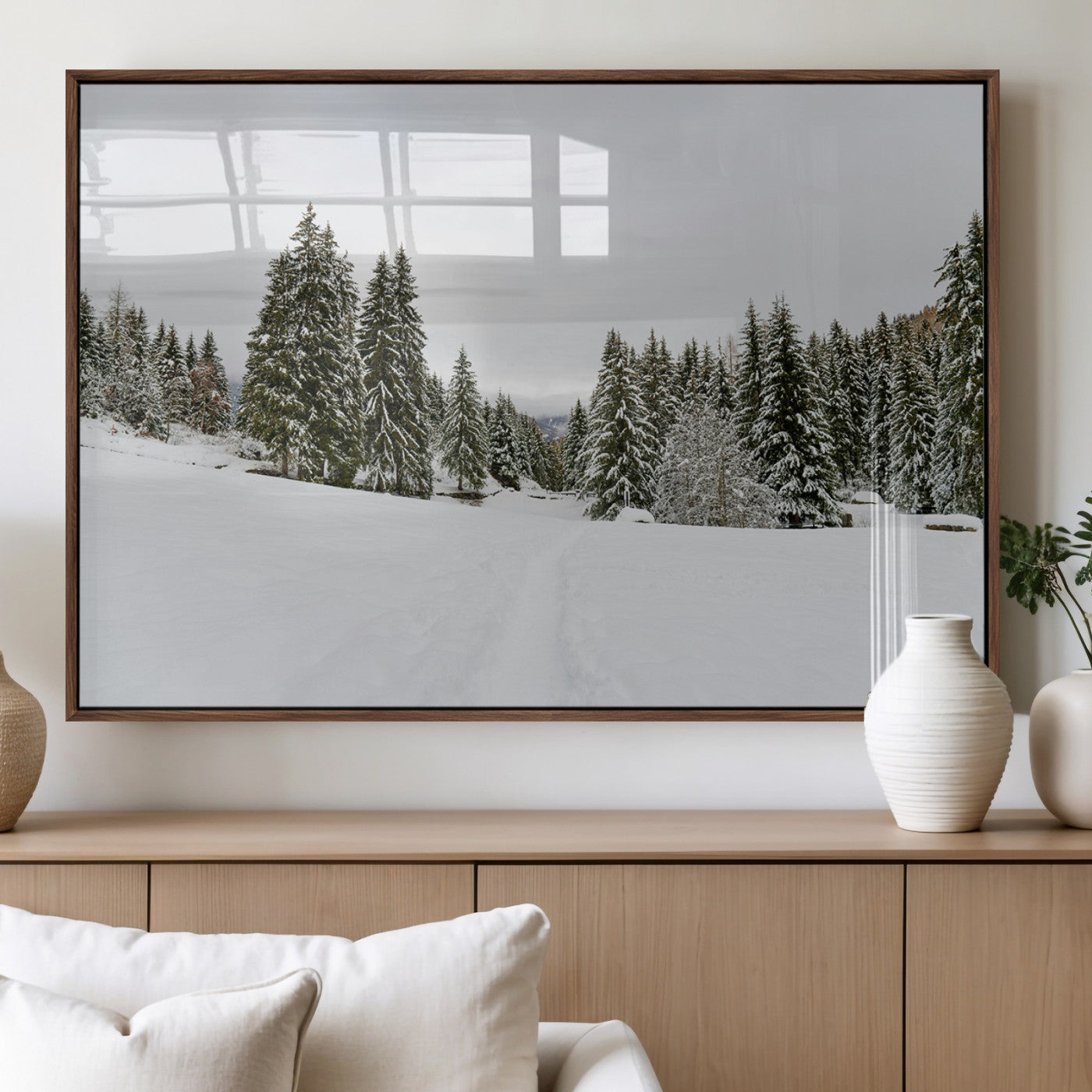 24581417-MGV-FP-36X24-3P_Walnut-Frosty Pines Wall Art Canvas Print, Framed Silent Snowfall Art Picture Print, Cozy Cabin Vibes Perfect Nordic Minimalist Decor