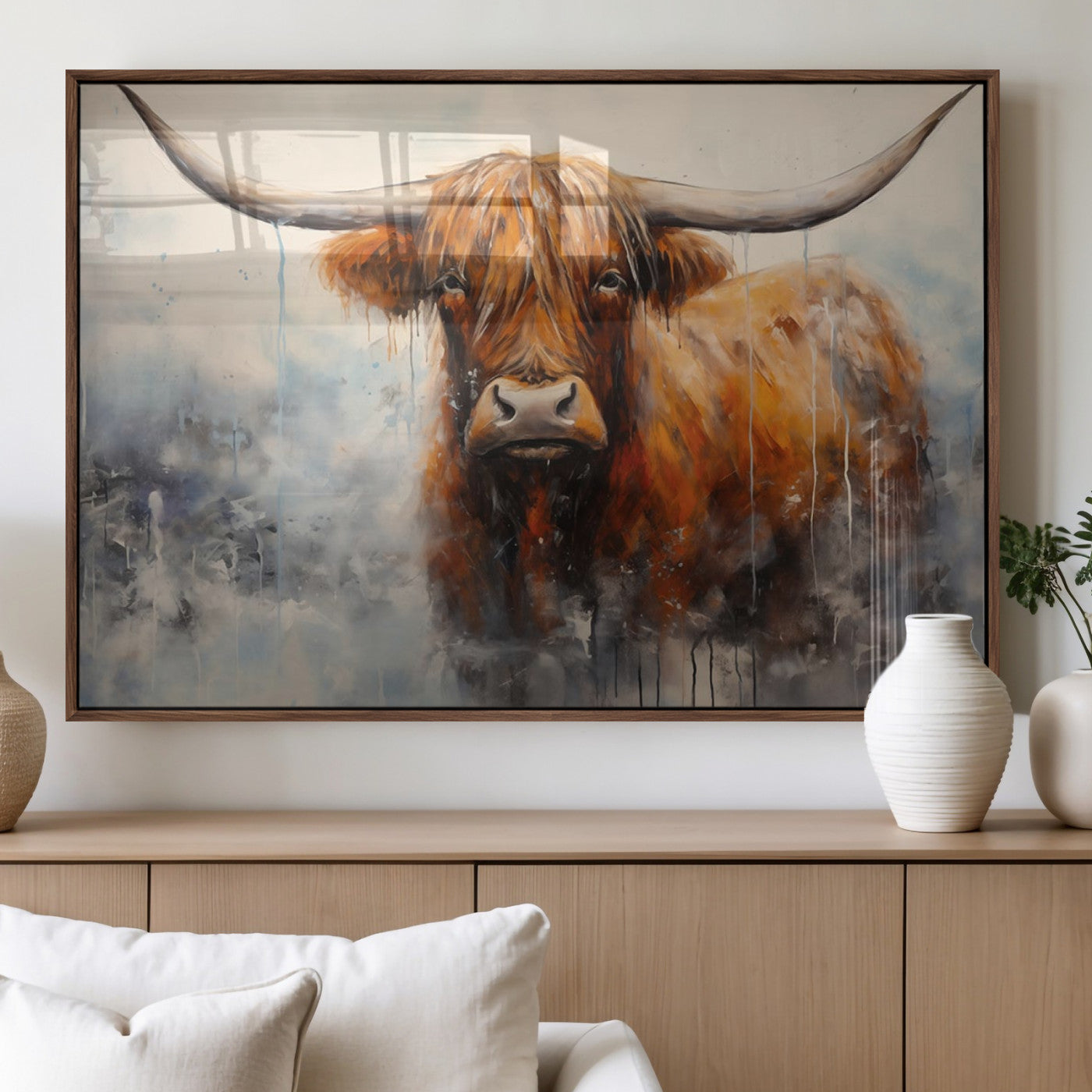 X61001-MGV-FP-36X24-3P_Walnut-Scottish Highland Wall Art Canvas Print, Framed Longhorn Art Picture Print, Western Cow Perfect Farmhouse Decor Artwork