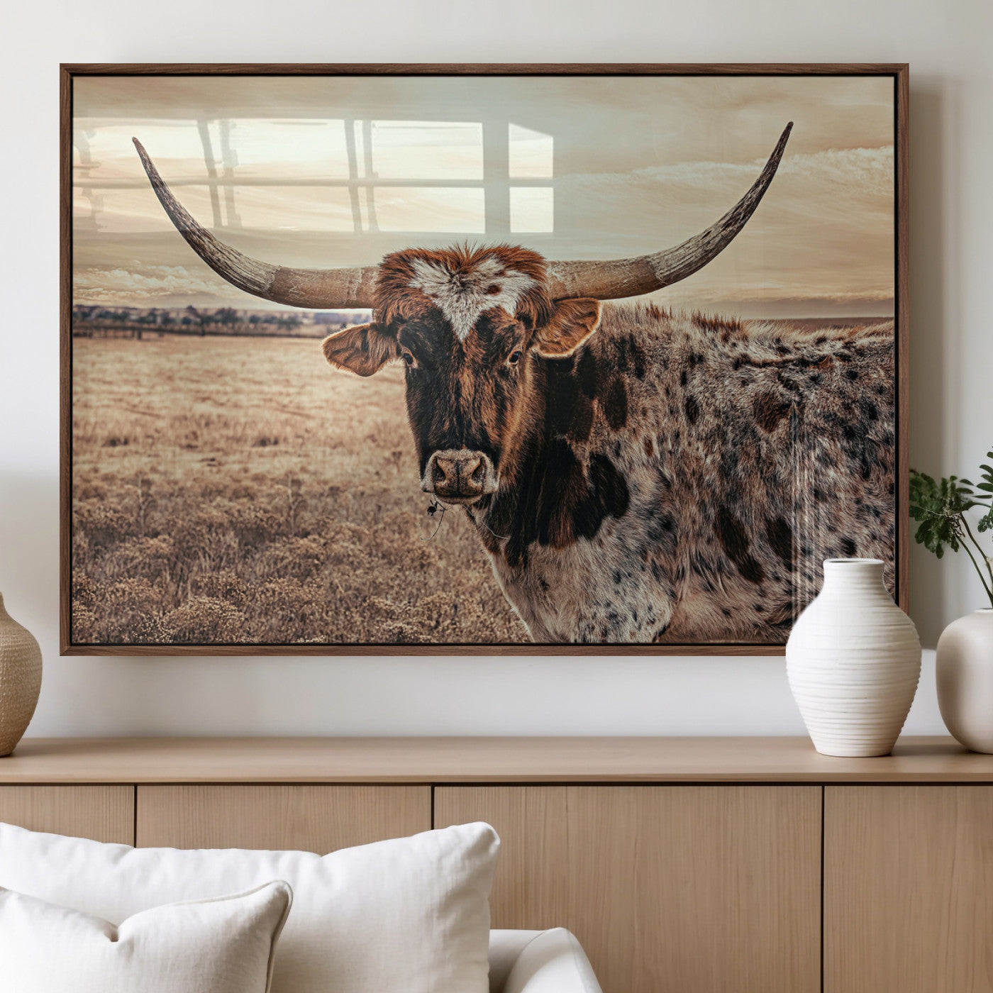 95745718-MGV-FP-36X24-3P_Walnut-Texas Longhorn Wall Art – Western Cattle Photography Canvas Print, Rustic Ranch Animal Artwork Country Farmhouse Decor for Living