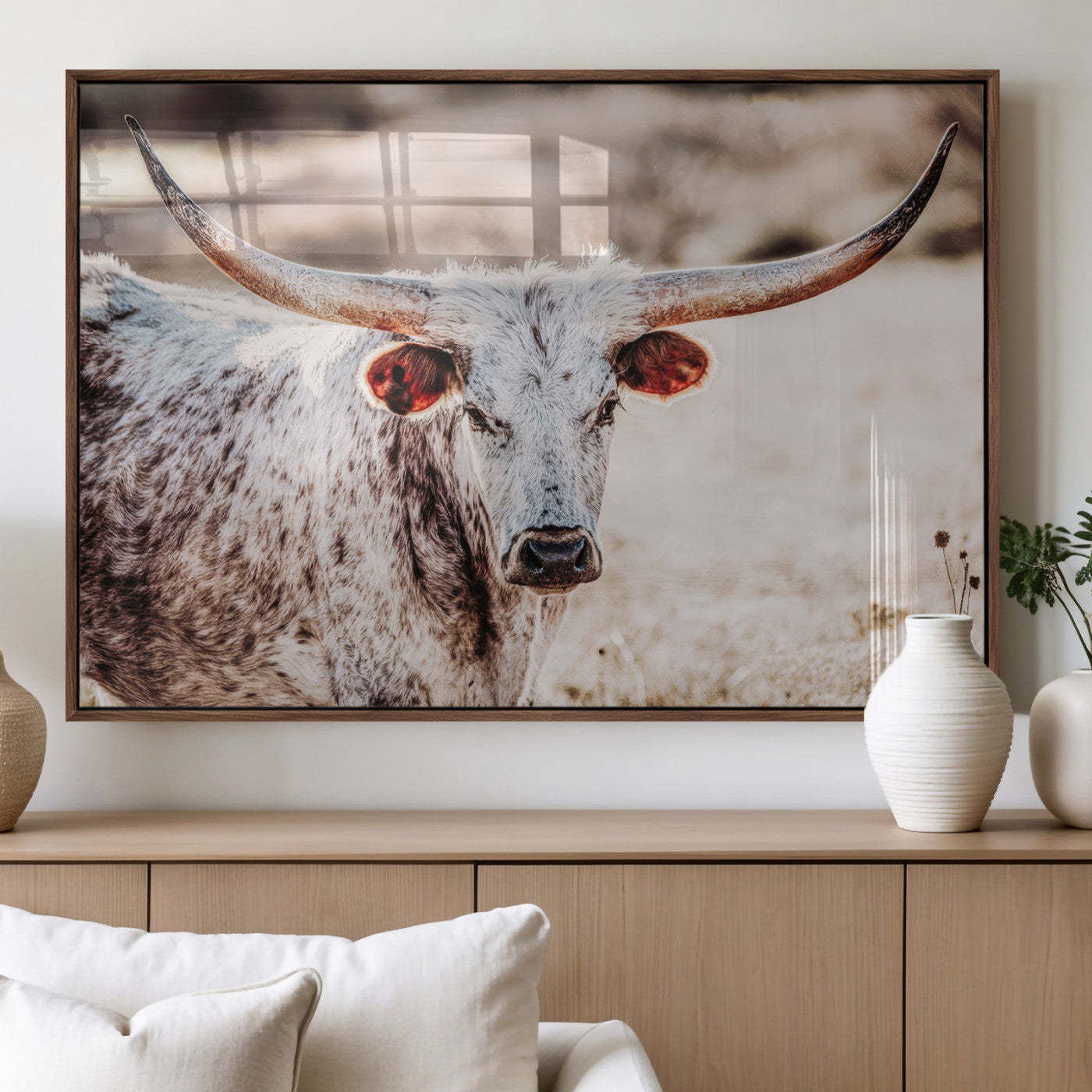 72388892-MGV-FP-36X24-3P_Walnut-Texas Longhorn Wall Art – Rustic Western Canvas Print, Cowboy Style Farmhouse Bull Artwork for Living Room, Ranch, Office or Man
