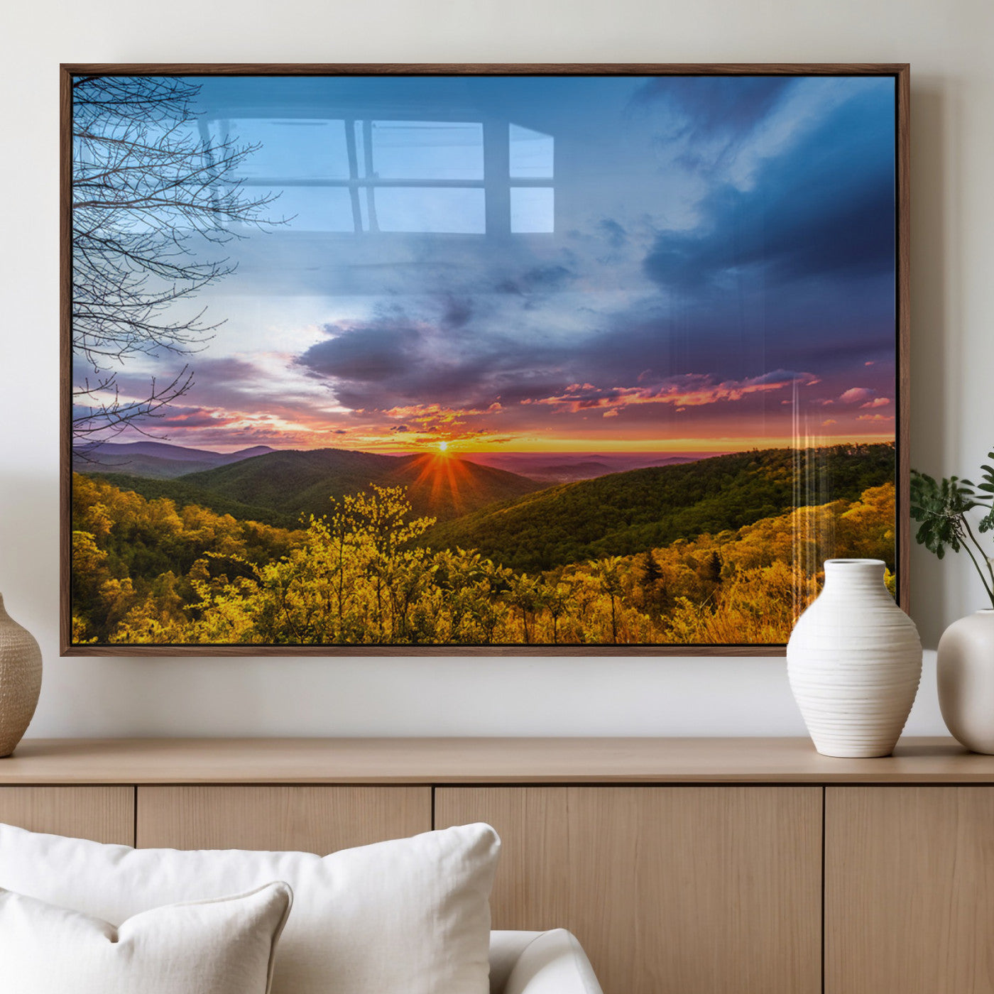 25786346-MGV-FP-36X24-3P_Walnut-Sunset Over Mountains Wall Art – Nature Landscape Canvas Print, Golden Hour Forest Photography, Scenic Sunrise Artwork for Living