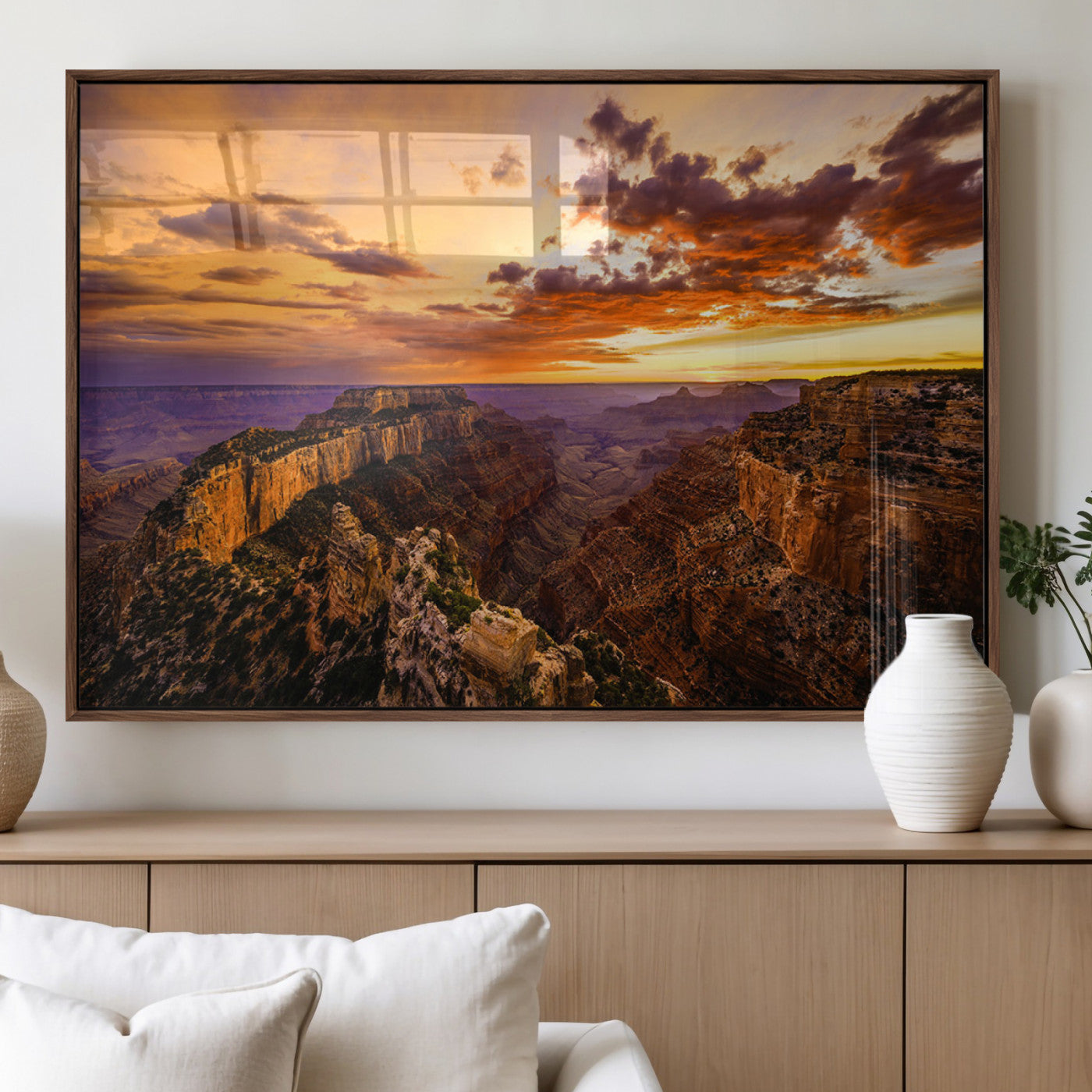 75573843-MGV-FP-36X24-3P_Walnut-Grand Canyon Sunset Wall Art – Panoramic Canyon Landscape Canvas Print, Dramatic Desert Cliffs Artwork, Nature Inspired Scenic