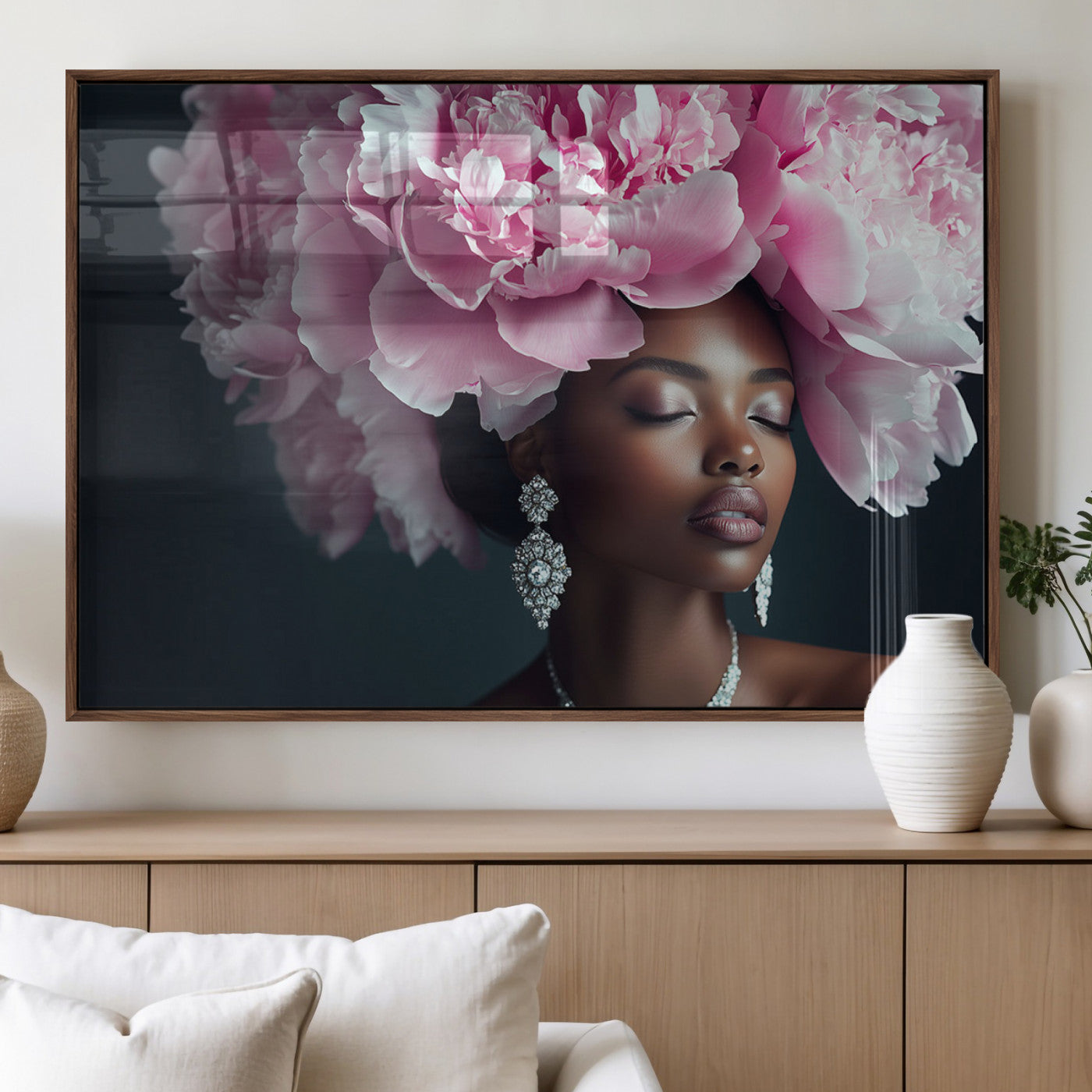 35482880-MGV-FP-36X24-3P_Walnut-Floral Portrait Wall Art – Elegant Woman with Pink Peony Headpiece Canvas Print, Luxury Fashion Inspired Artwork, Modern Glam