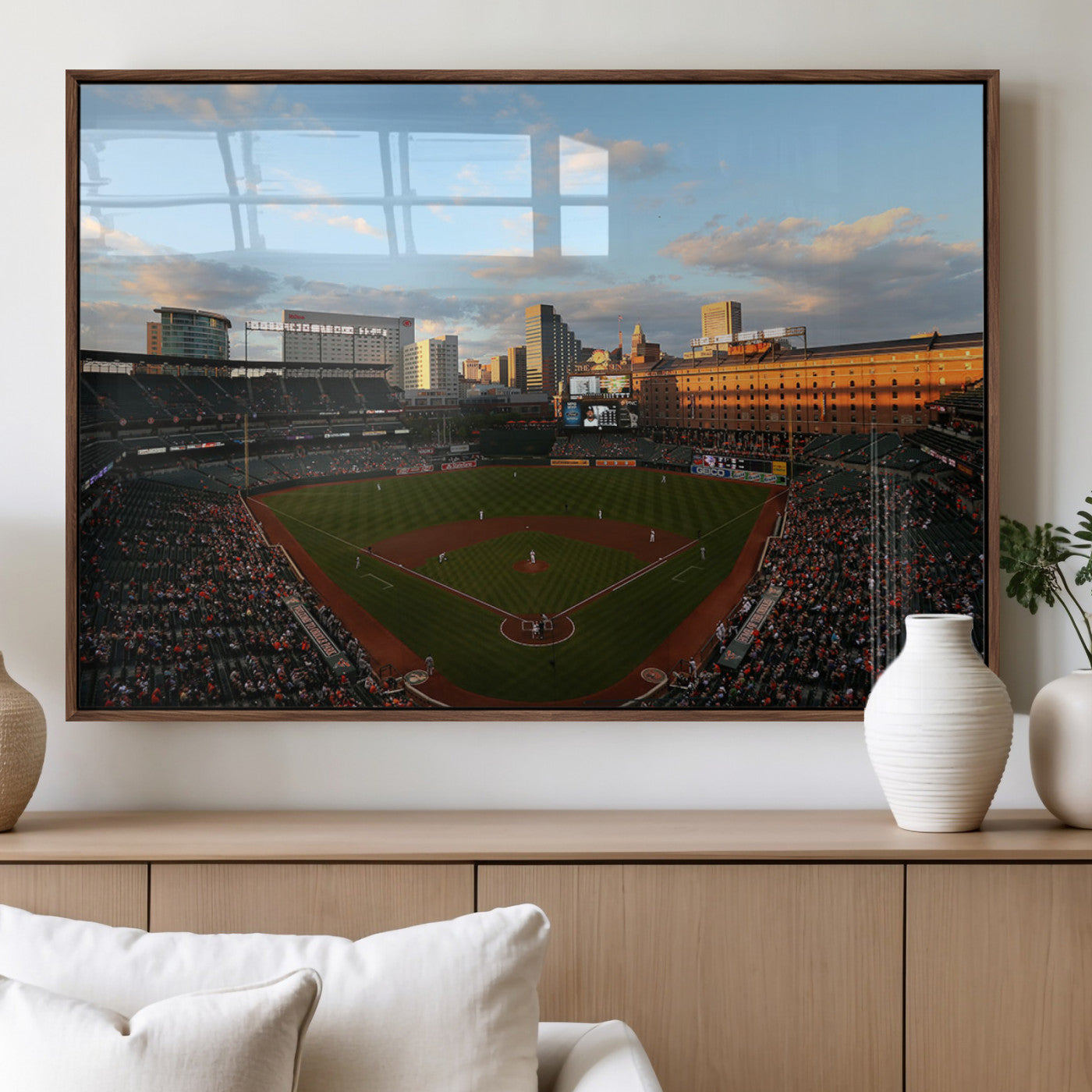 22285236-MGV-FP-36X24-3P_Walnut-Baseball Stadium Sunset – Panoramic Ballpark Canvas Wall Art, Sports Decor for Office, Man Cave, Game Room, Sports Bar, Baseball