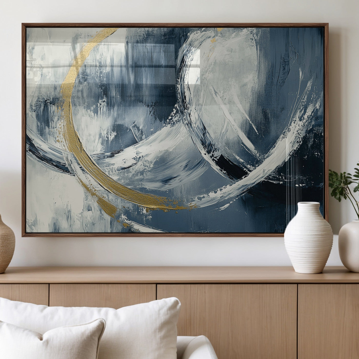 97295757-MGV-FP-36X24-3P_Walnut-Abstract Blue and Gold Wall Art – Modern Luxury Canvas Print, Navy White Brushstroke Painting, Contemporary Living Room Office