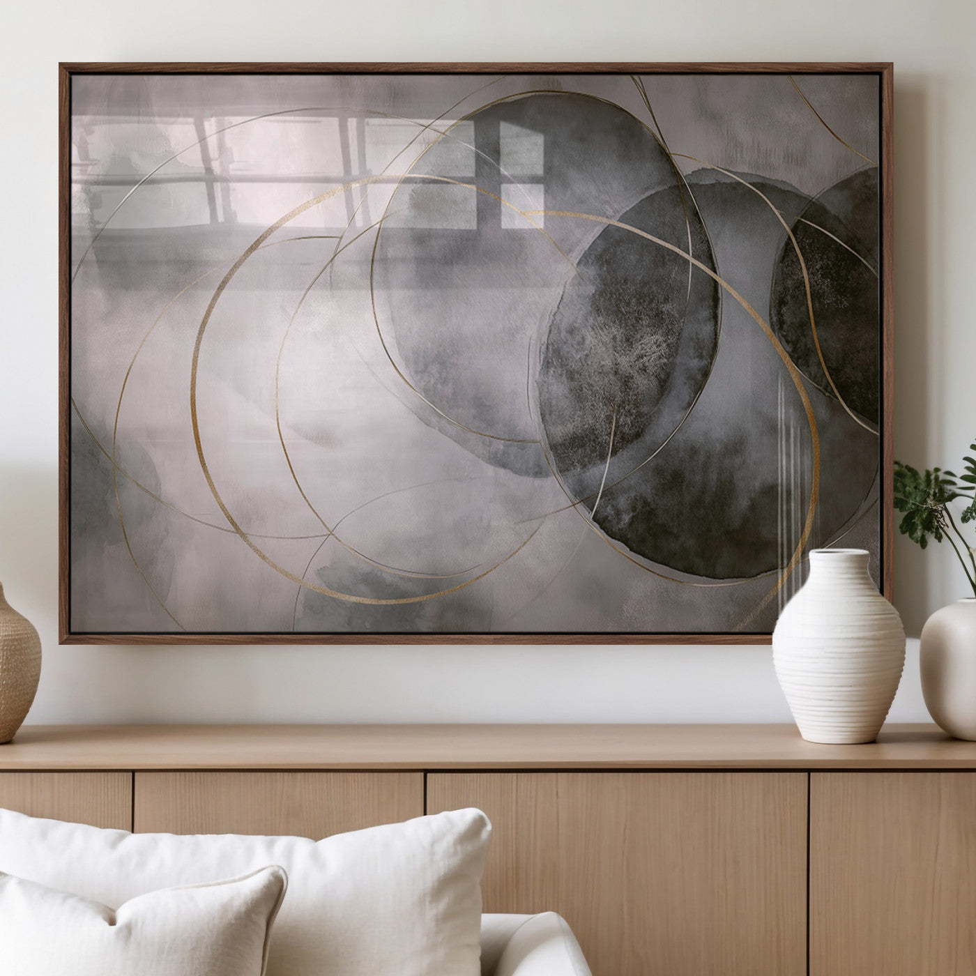 20066876-MGV-FP-60X30-3P_Walnut-Neutral Abstract Circle Wall Art – Modern Gray Beige Gold Canvas Print, Minimalist Geometric Painting for Bedroom, Living Room,