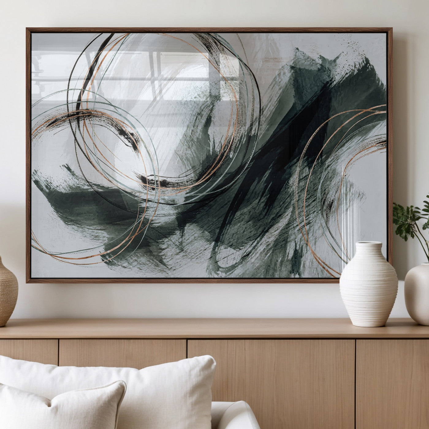 86583265-SEG-FC-90X60_Oversize_Oversize-Black and Gray Abstract Wall Art – Modern Copper Circle Canvas Print, Contemporary Minimalist Painting for Living Room, Bedroom,