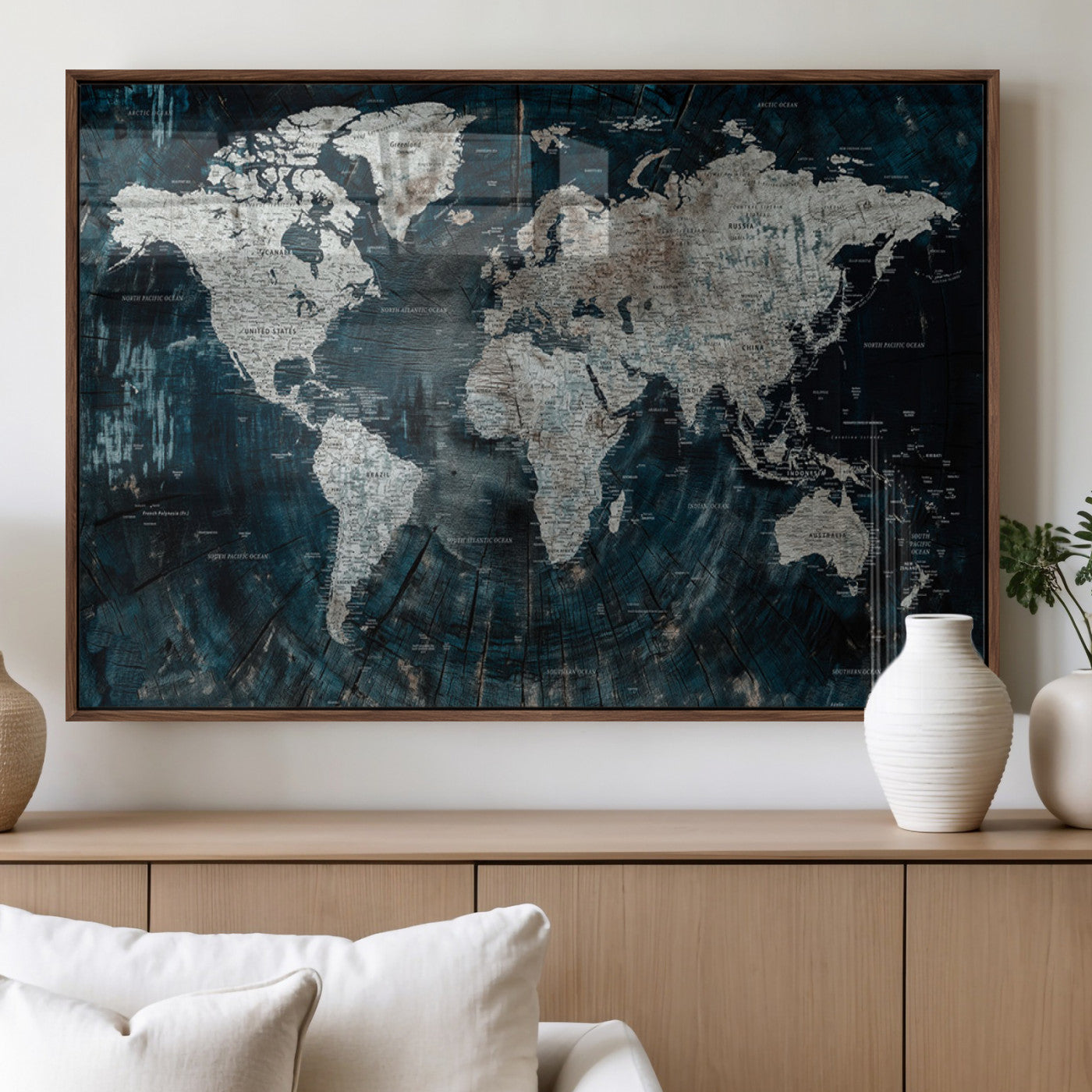34425609-MGV-FP-36X24-3P_Walnut-World Map Wall Art – Rustic Navy and Grey Atlas Canvas Print, Distressed Explorer Map Artwork, Industrial Style Decor for Office,