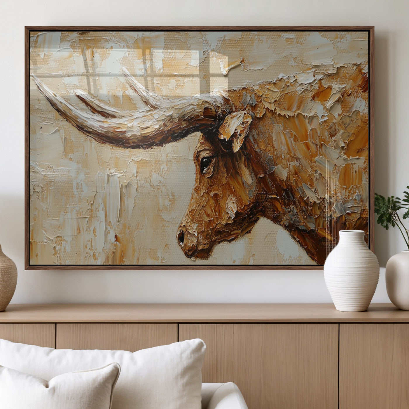 69611428-MGV-FP-36X24-3P_Walnut-Longhorn Bull Wall Art – Rustic Western Canvas Print, Textured Farmhouse Cattle Painting for Living Room, Office, or Ranch House