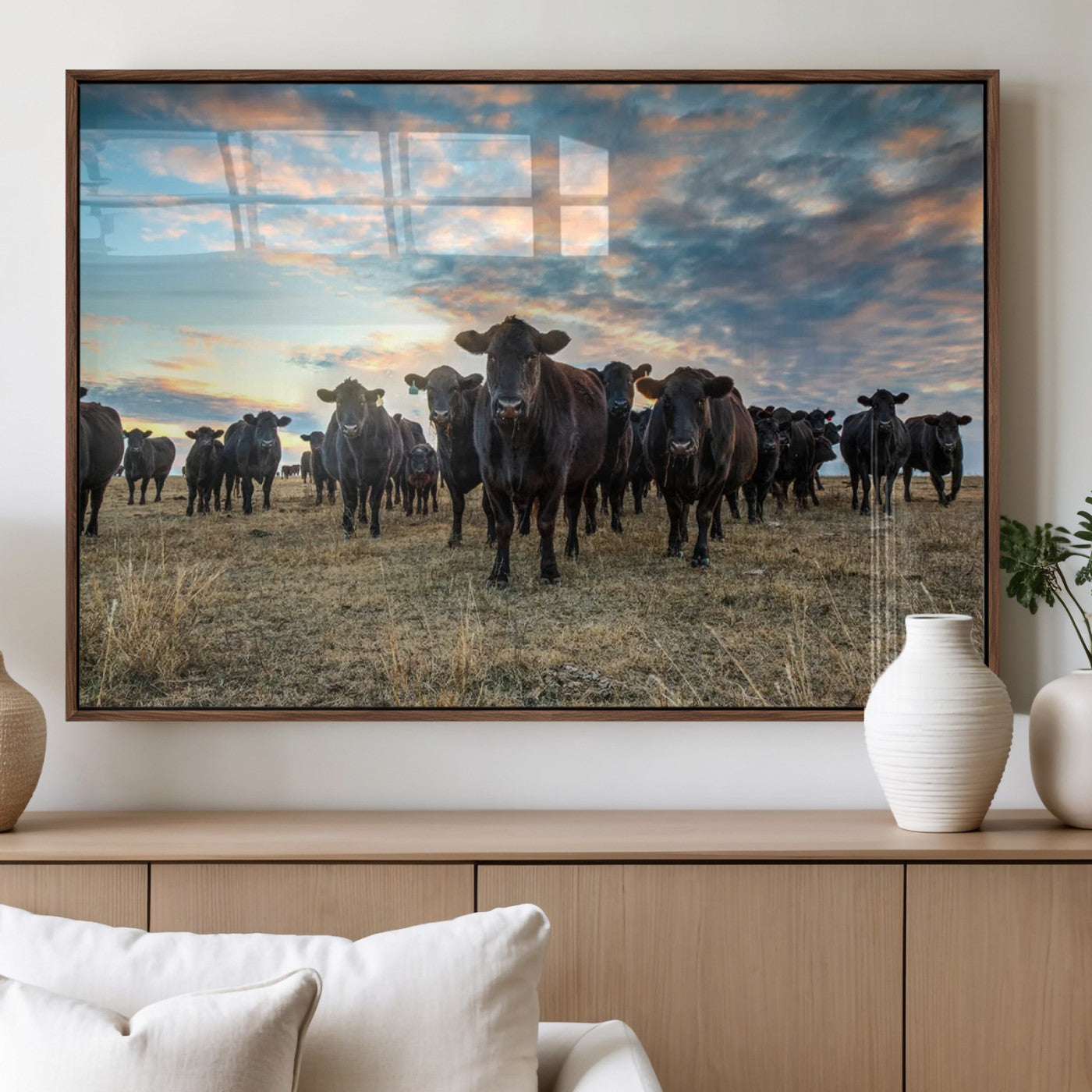 13867292-MGV-FP-36X24-3P_Walnut-Black Cattle Wall Art – Rustic Ranch Herd Canvas Print, Western Farmhouse Country Landscape Decor for Living Room, Office, or