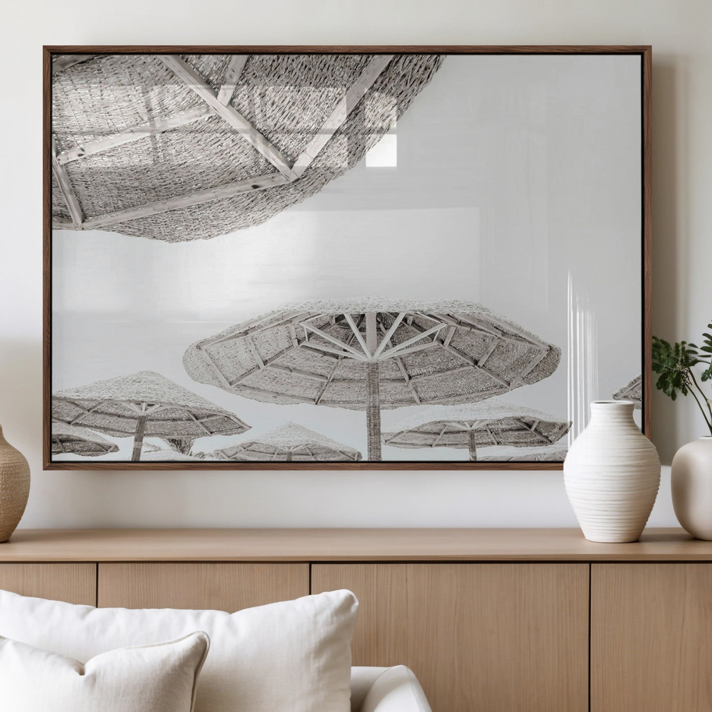 97043123-MGV-FP-36X24-3P_Walnut-Beach Umbrella Wall Art – Minimalist Coastal Canvas Print, Woven Parasol Summer Decor for Bedroom, Living Room, or Modern Beach