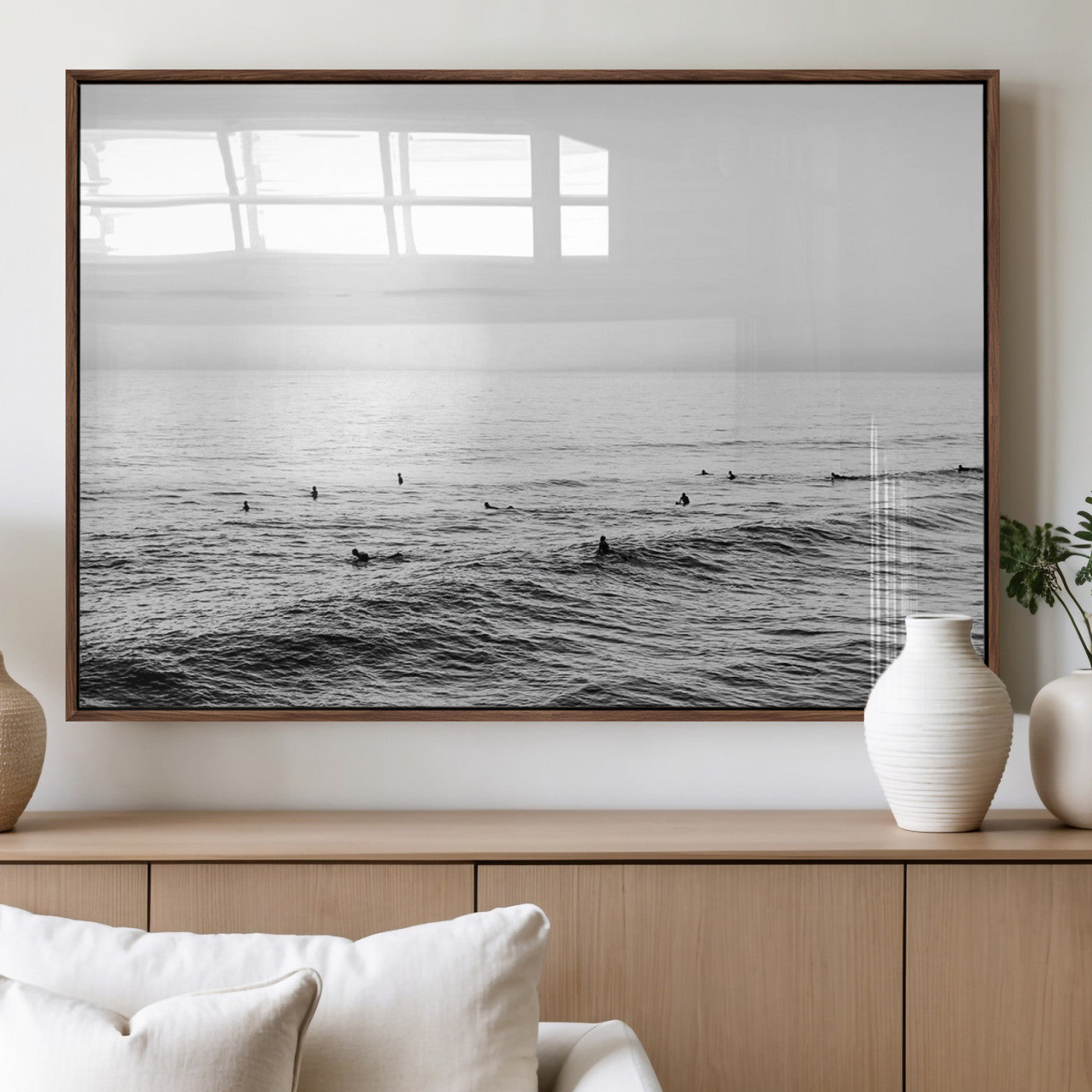 47208268-MGV-FP-36X24-3P_Walnut-Surfer Ocean Wall Art – Black and White Coastal Canvas Print, Minimalist Surfing Seascape Decor for Living Room, Bedroom, or Beach