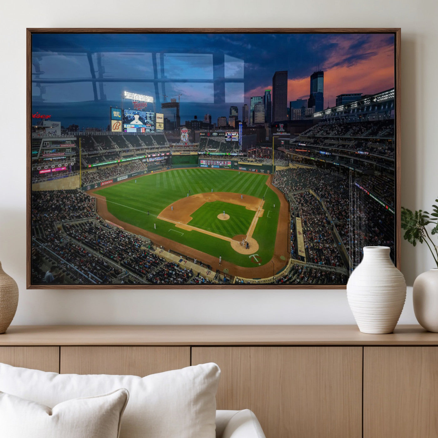68222753-MGV-FP-36X24-3P_Walnut-Baseball Stadium Wall Art – Panoramic Night Game Canvas Print, Sports Decor for Man Cave, Office, Bar, or Living Room