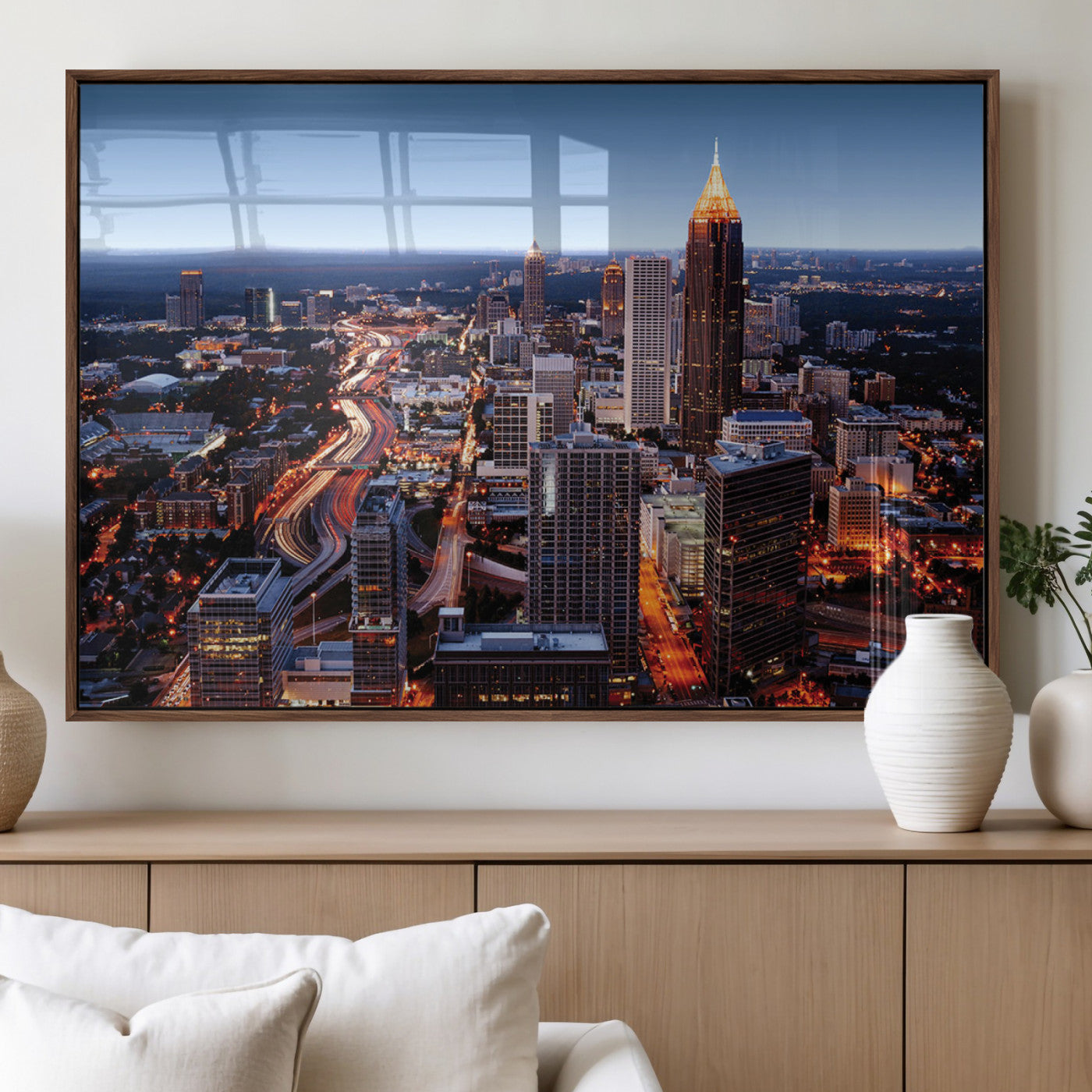 81886632-MGV-FP-36X24-3P_Walnut-Atlanta Skyline Wall Art – Vibrant City Lights Canvas Print, Modern Urban Cityscape Decor for Living Room, Office, or Apartment