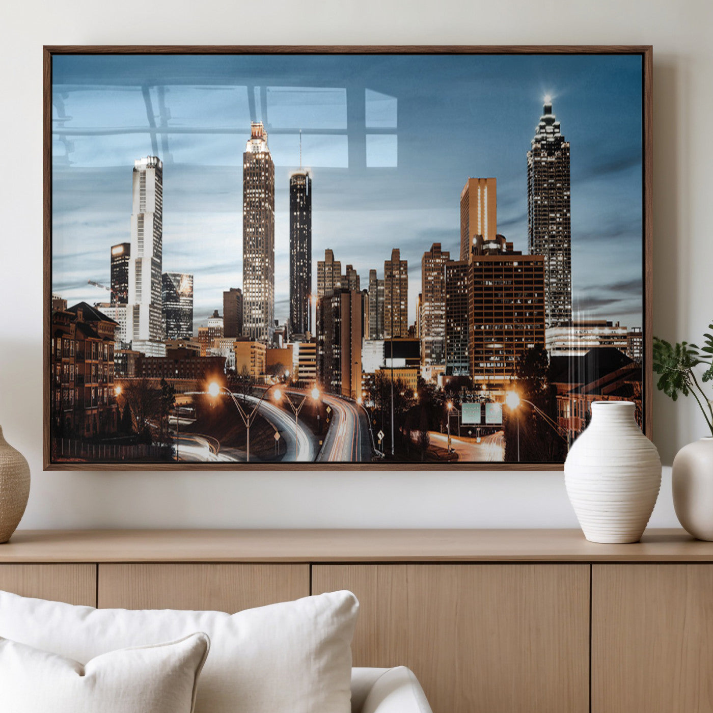 23859158-MGV-FP-36X24-3P_Walnut-Atlanta Skyline Wall Art – Modern Cityscape Canvas Print with Night Lights and Traffic Trails, Urban Decor for Office, Apartment,
