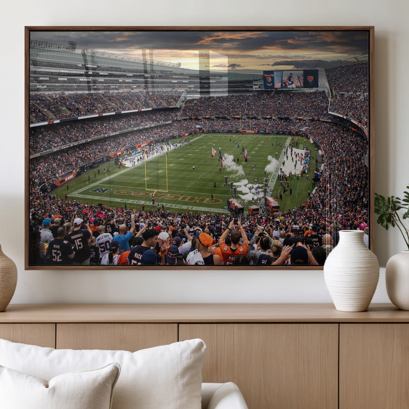 87578930-MGV-FP-36X24-3P_Walnut-Soldier Field Wall Art – Chicago Bears Football Stadium Sunset Canvas Print, Game Day Sports Decor for Man Cave, Bar, Office, or