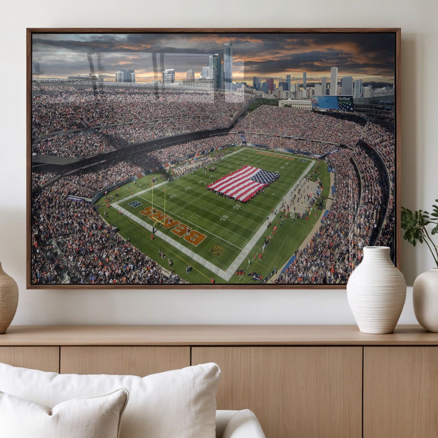 98106777-MGV-FP-36X24-3P_Walnut-Soldier Field Wall Art – Chicago Bears Stadium Canvas Print with American Flag, Game Day Football Decor for Man Cave, Bar, or