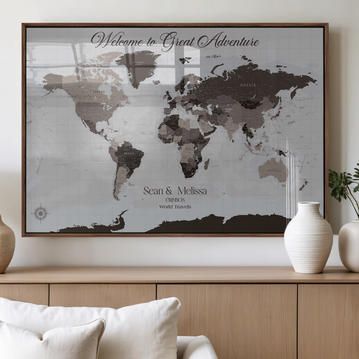 43749658-MGV-FP-36X24-3P_Walnut-Welcome to Great Adventure World Map Wall Art – Charcoal Gray Canvas Print, Rustic Travel Decor for Living Room, Study, Office or