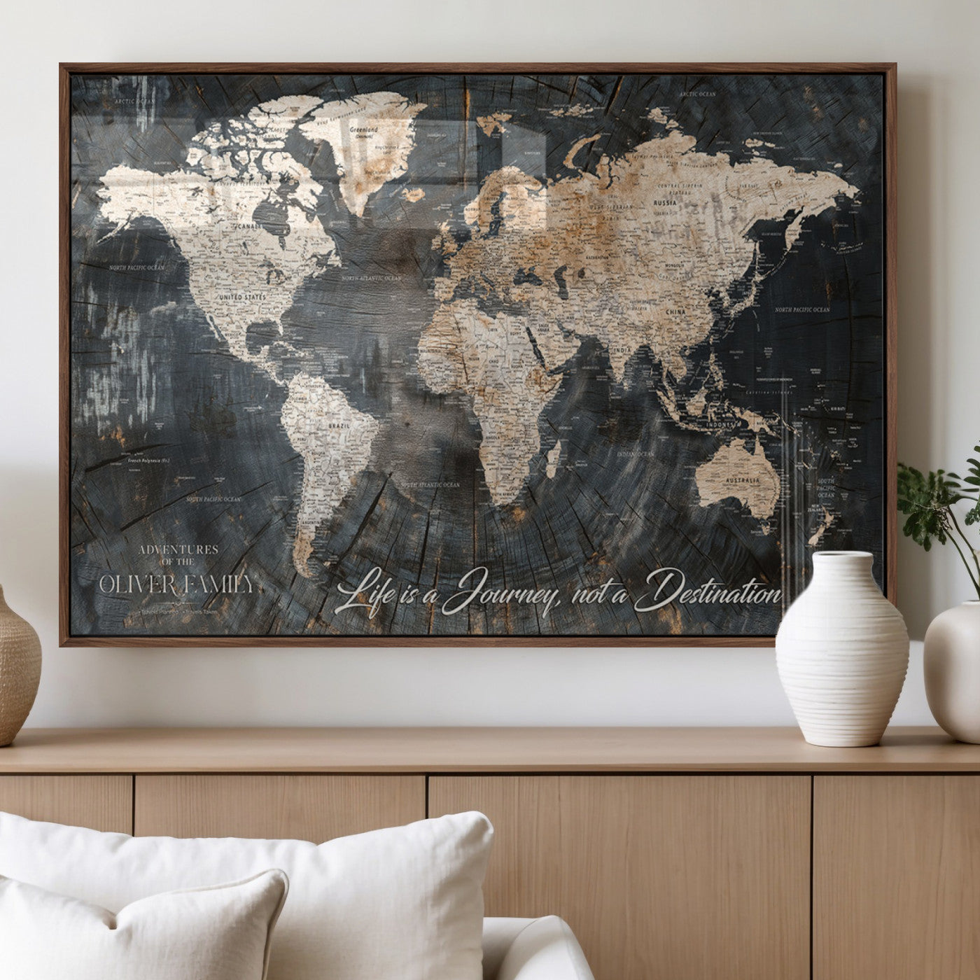 37848568-MGV-FP-36X24-3P_Walnut-Life is a Journey Not a Destination World Map Rustic Wood Texture Vintage Beige Navy Adventure Wall Art Canvas Print for Home