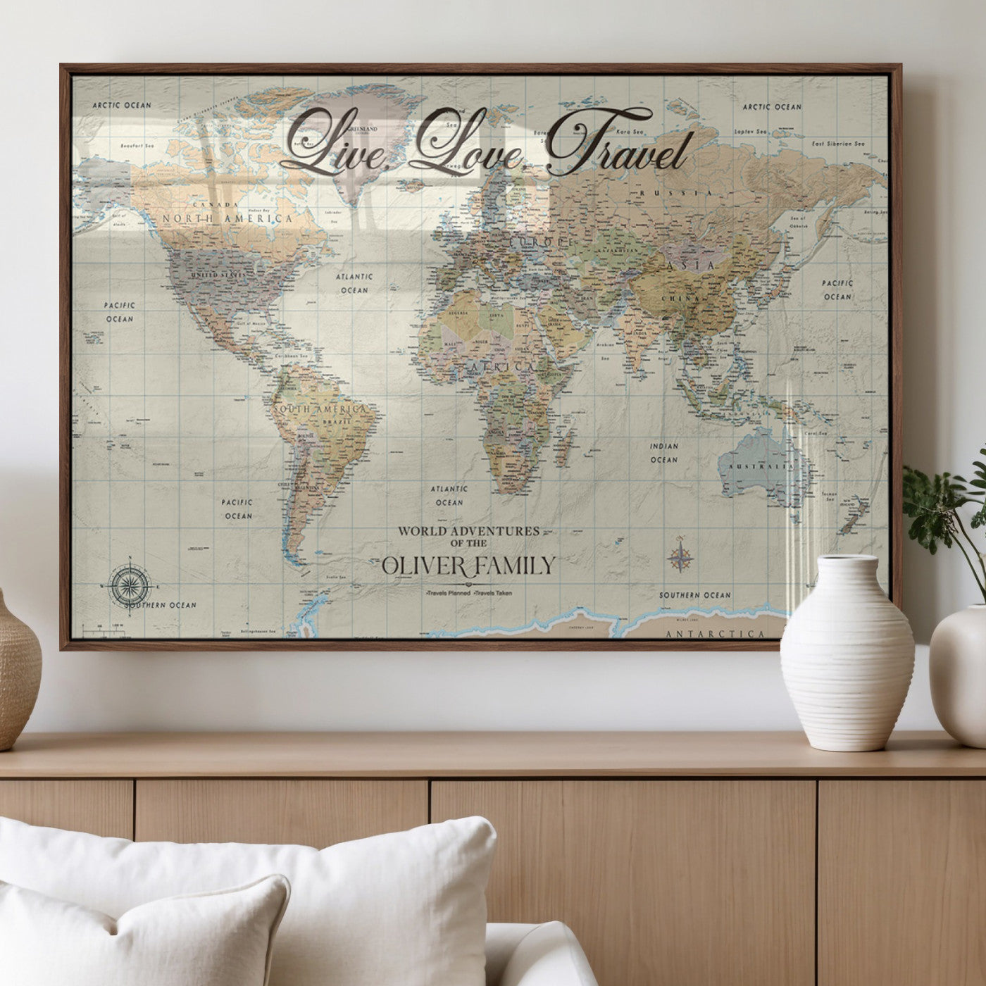 19479008-MGV-FP-36X24-3P_Walnut-Live Love Travel Wall Art – Detailed World Map Canvas Print, Adventure Decor for Living Room, Office or Bedroom, Travel Gift for