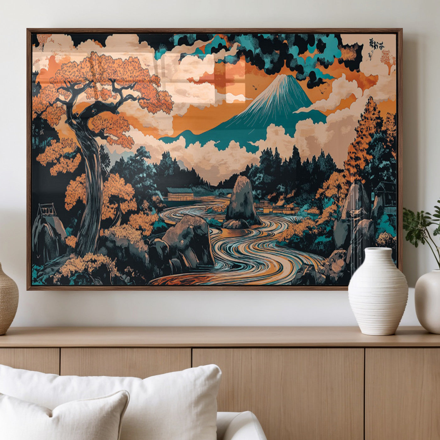 21638941-MGV-FP-36X24-3P_Walnut-Japanese Landscape Wall Art – Mount Fuji and Flowing River Ukiyo-e Style Canvas Print, Traditional Japan Inspired Artwork for