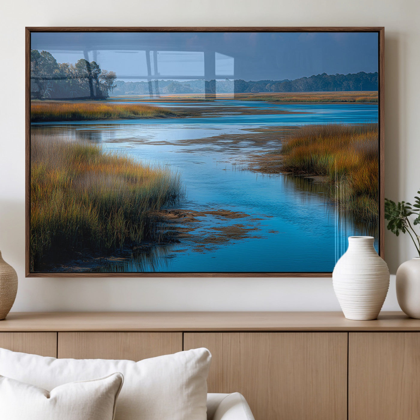 26300004-MGV-FP-60X30-3P_Walnut-Tranquil Marshland Canvas Wall Art – Blue Water, Reflective Sky, Golden Grasses, Calm Nature Landscape, Scenic Outdoor Beauty for