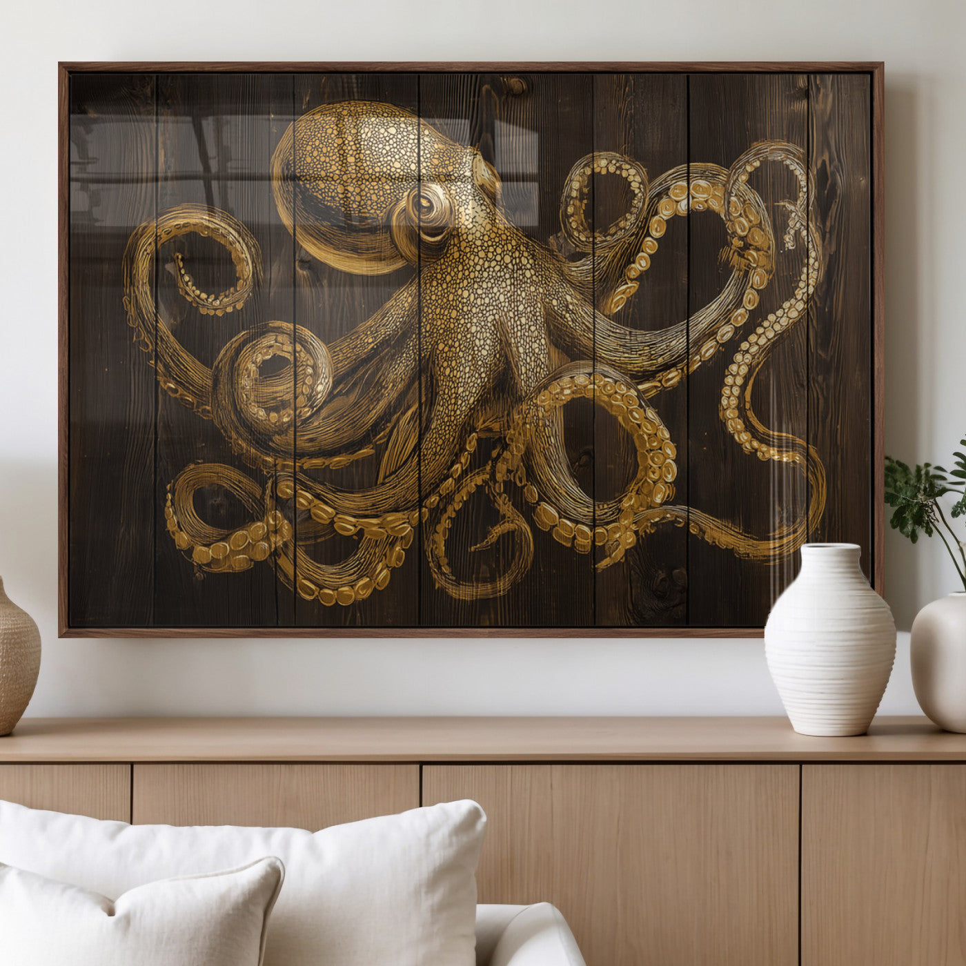 56769669-MGV-FP-36X24-3P_Walnut-Octopus Wall Art – Gold Nautical Canvas Print with Rustic Wood Panel Design, Detailed Marine Artwork for Coastal Ocean Decoration