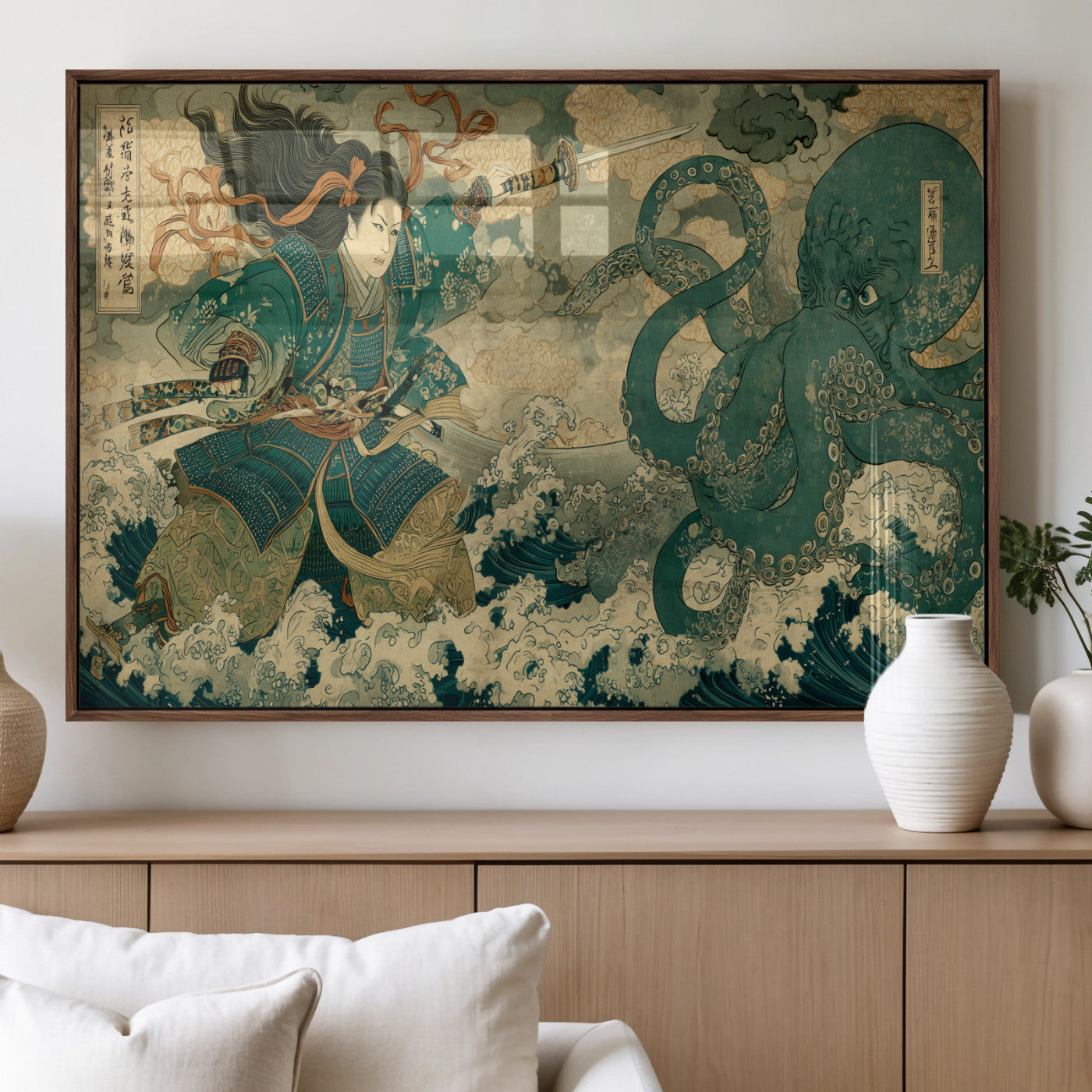 24416422-MGV-FP-36X24-3P_Walnut-Samurai vs Octopus Wall Art – Japanese Warrior Ocean Battle Canvas Print, Ukiyo e Inspired Decor for Home, Office, or Man Cave