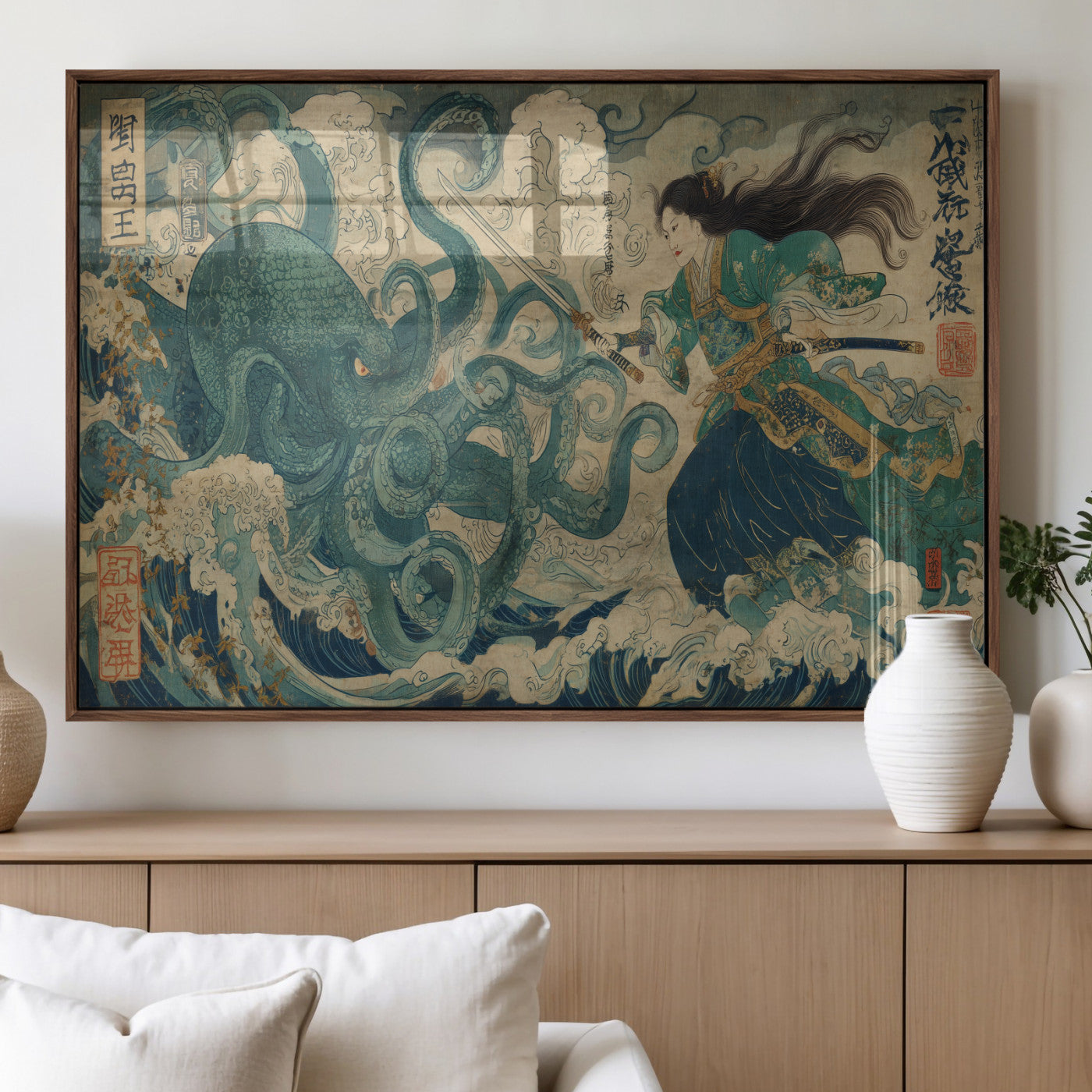 60346622-MGV-FP-36X24-3P_Walnut-Samurai Warrior vs Octopus Wall Art – Japanese Ukiyo-e Style Ocean Battle Canvas Print, Traditional Samurai Artwork for Living