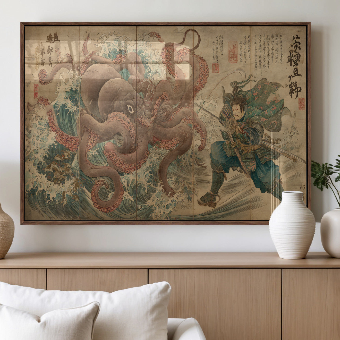 63782167-MGV-FP-60X30-3P_Walnut-Tsukioka Yoshitoshi Samurai Wall Art Print, Japanese Katana Warrior Canvas Wall Art, Octopus Sea Monster Canvas Print,