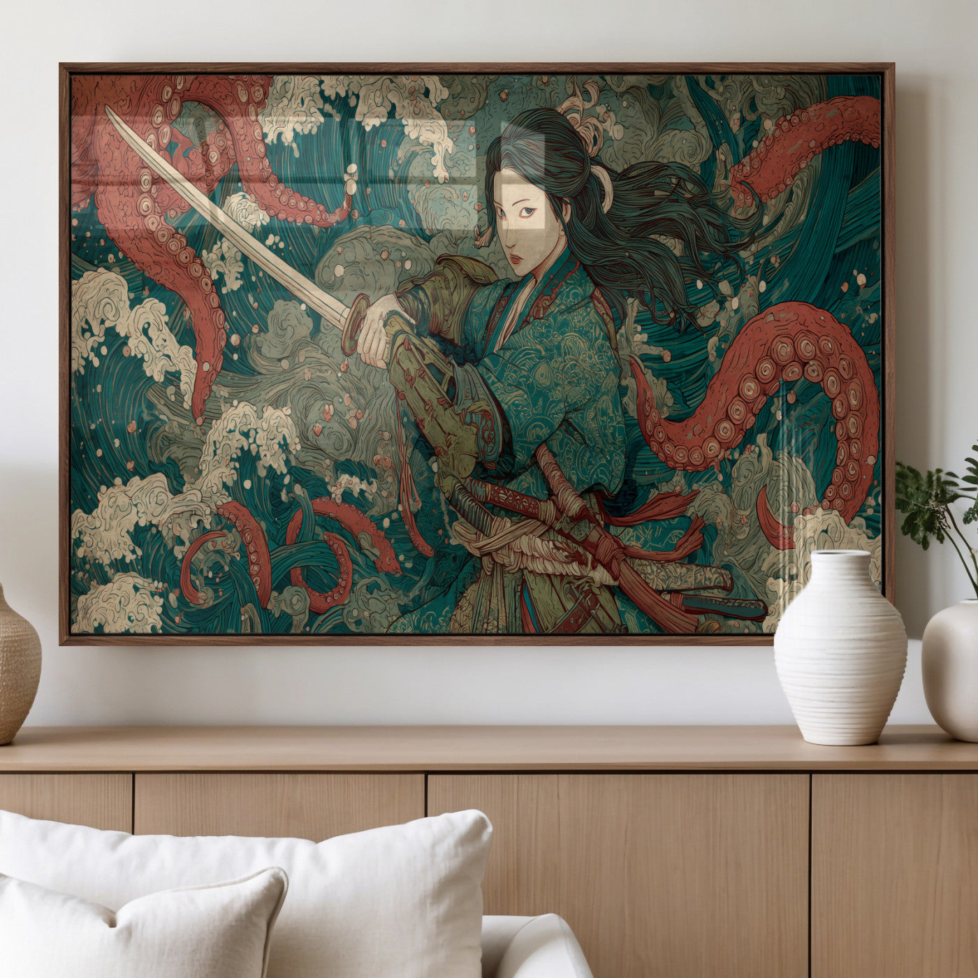 35461724-MGV-FP-36X24-3P_Walnut-Samurai Woman vs Octopus Wall Art – Japanese Ukiyo-e Ocean Waves Canvas Print, Red Tentacle Battle Artwork for Living Room,