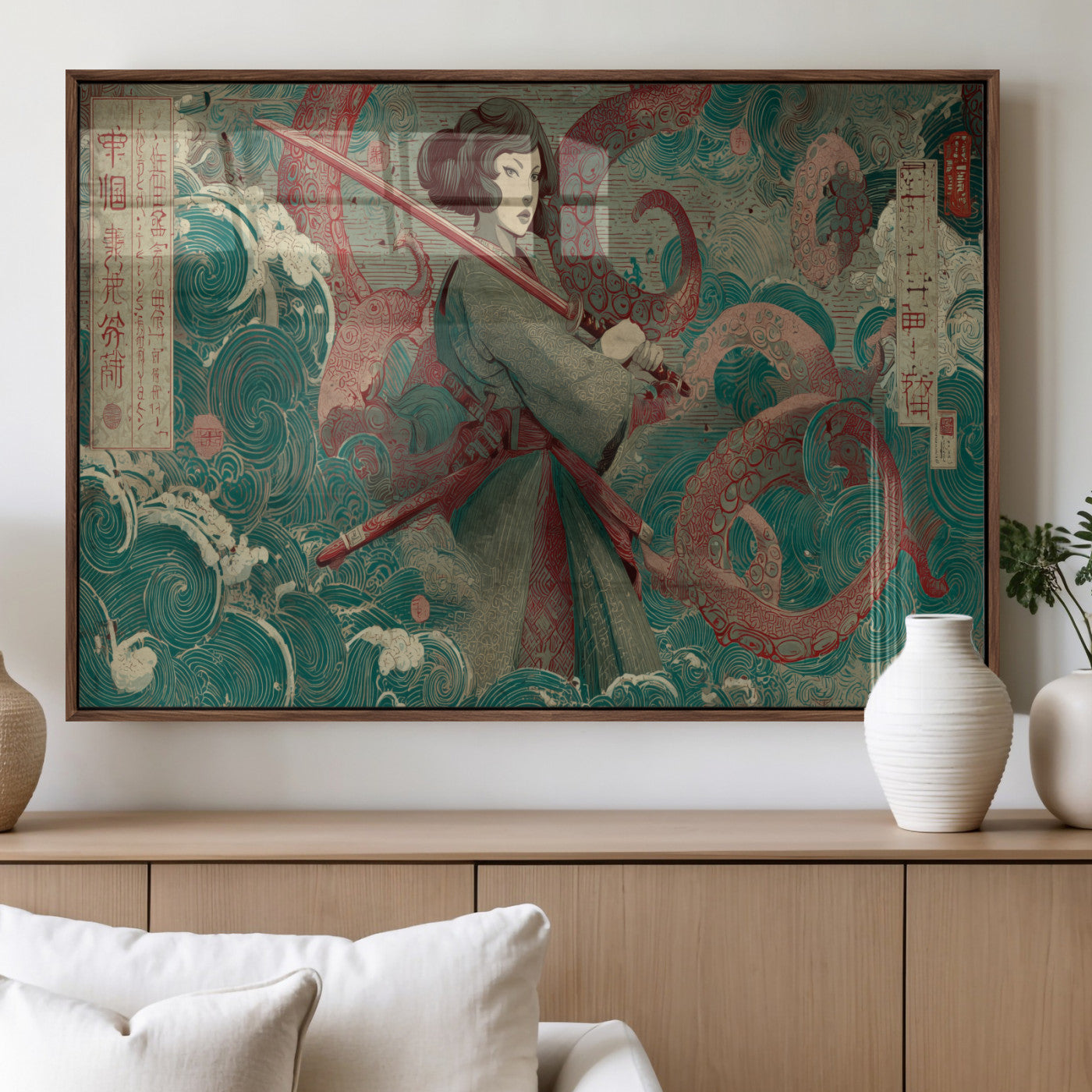 91666601-MGV-FP-36X24-3P_Walnut-Samurai Woman vs Octopus Wall Art – Japanese Ukiyo-e Green Robe Canvas Print, Ocean Battle Artwork for Living Room, Office, Man