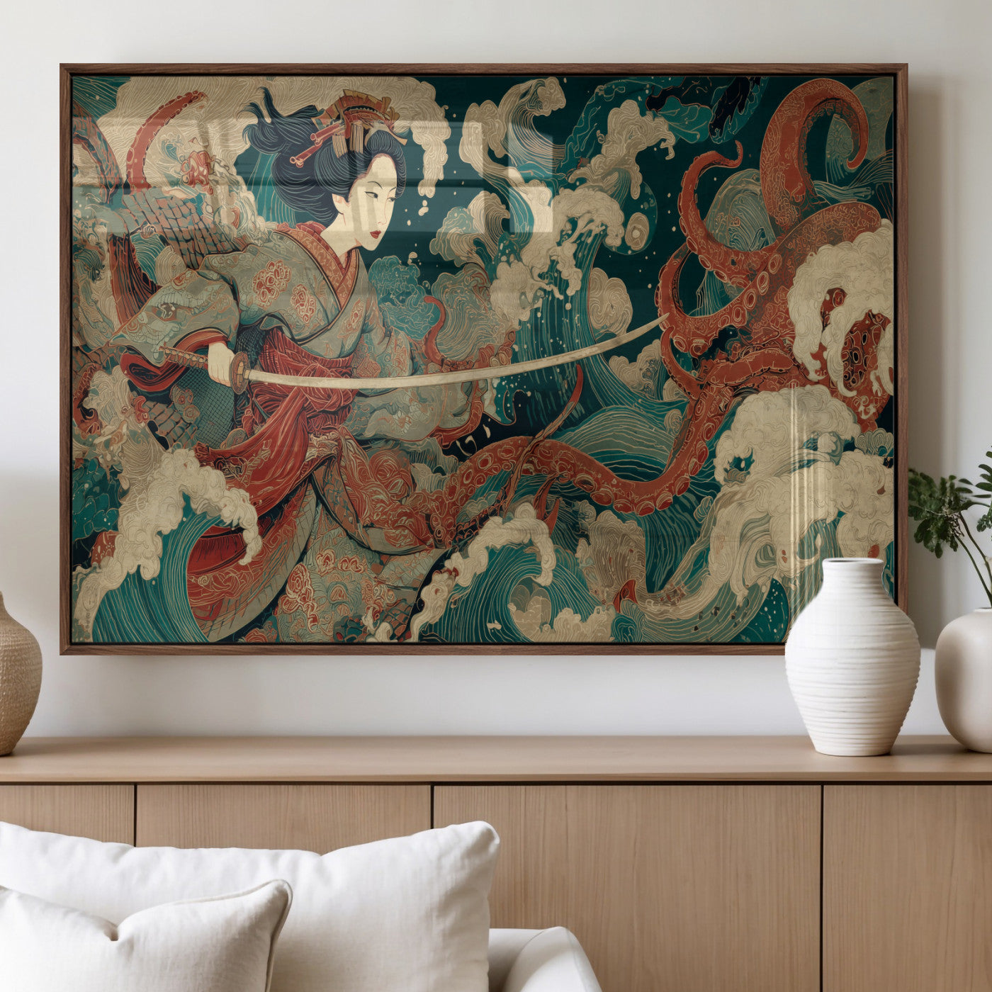 30212982-MGV-FP-36X24-3P_Walnut-Samurai Woman vs Octopus Wall Art – Japanese Ukiyo-e Style Warrior and Sea Monster Canvas Print, Mythology Inspired Artwork for