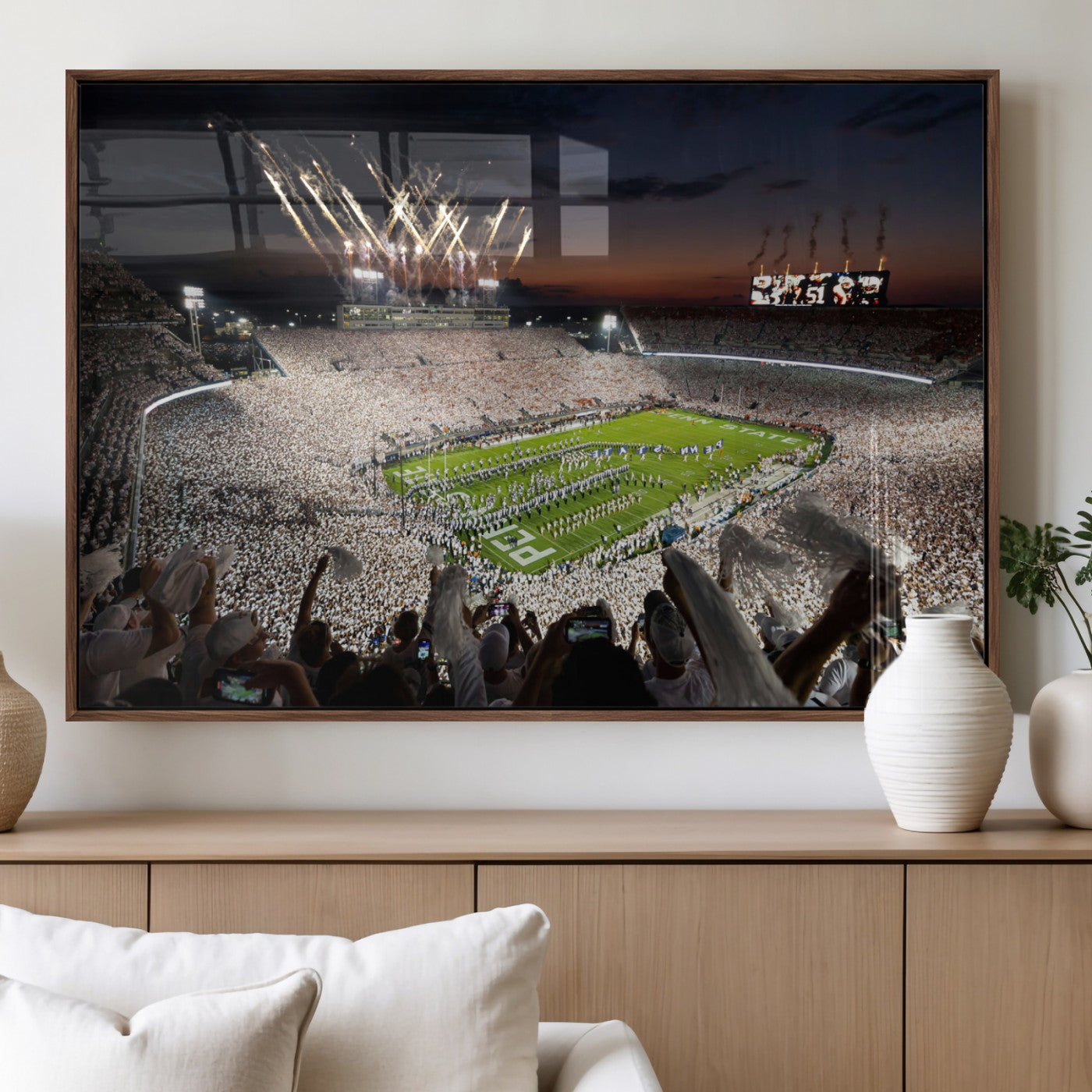 Penn-MGV-FP-36X24-3P_Walnut-Football Stadium Wall Art – Panoramic Night Game Canvas Print, Packed Crowd with Fireworks, Sports Decor for Office, Man Cave, Bar