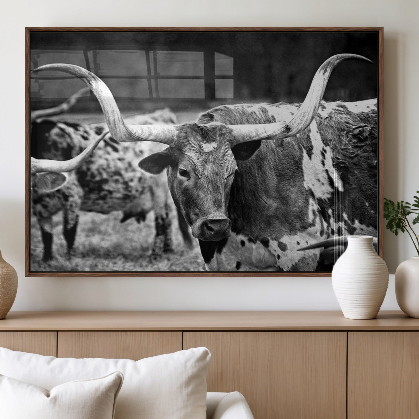 15425553-MGV-FP-36X24-3P_Walnut-Western Wall Art – Longhorn Cattle Black and White Canvas Print, Rustic Ranch Photography Decor for Bedroom, Living Room, Office,