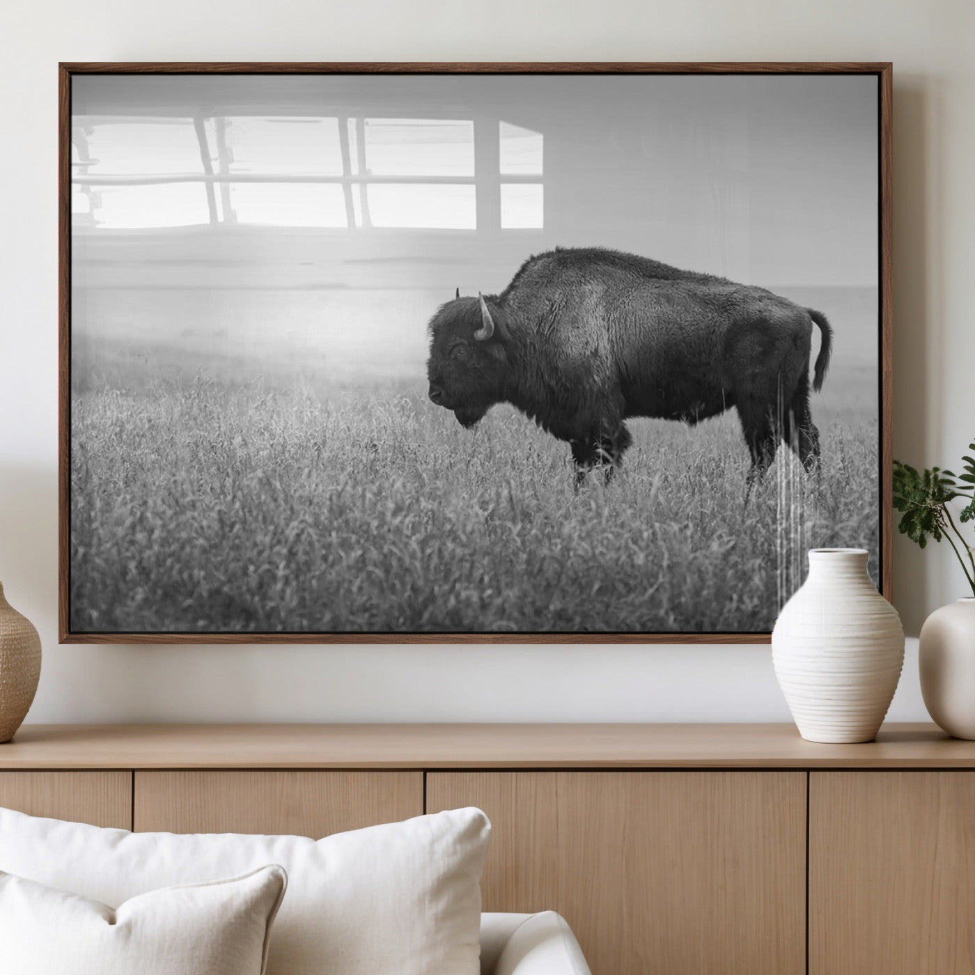 90861202-MGV-FP-36X24-3P_Walnut-Black and White Bison Canvas Wall Art – Rustic American Buffalo Print, Western Wildlife Photography for Farmhouse, Cabin, Office