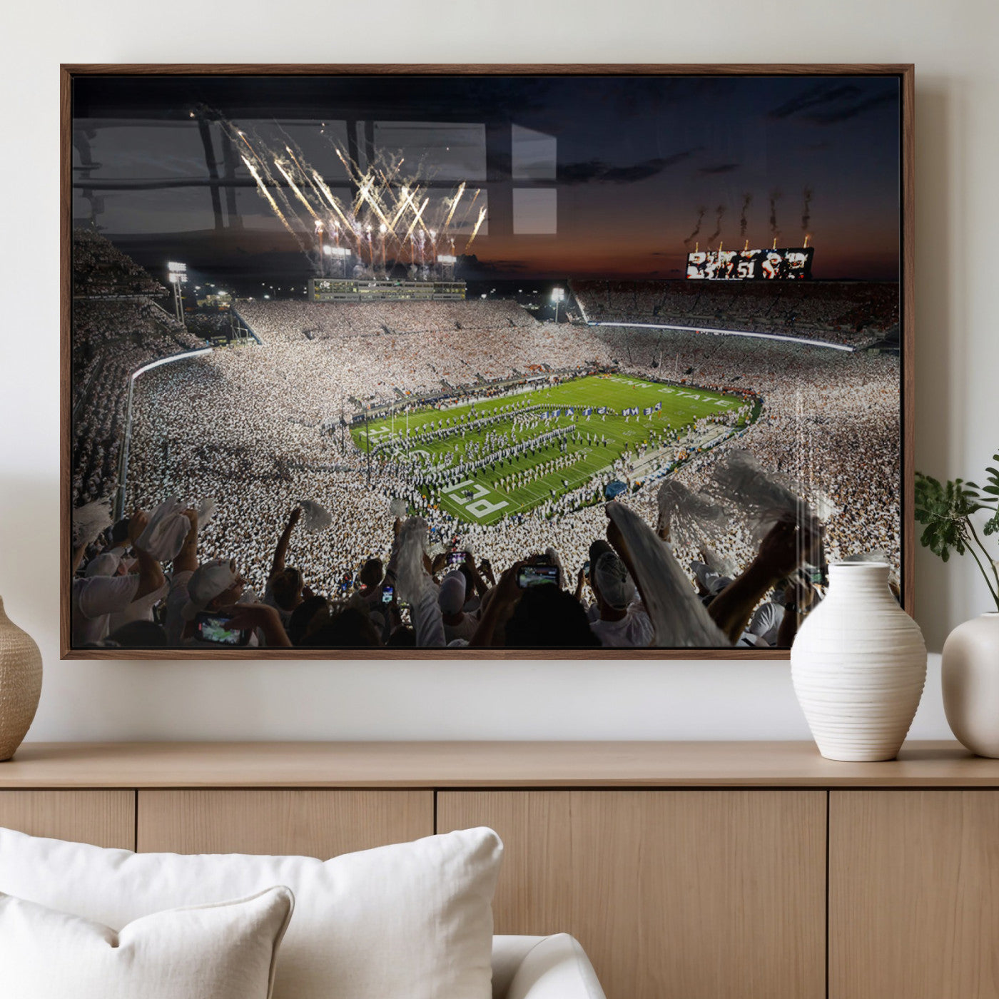 11221988-MGV-FP-36X24-3P_Walnut-Football Stadium Wall Art – Game Day Crowd with Fireworks, Sports Fan Photography Print, Stadium Decor for Man Cave, Bar, or