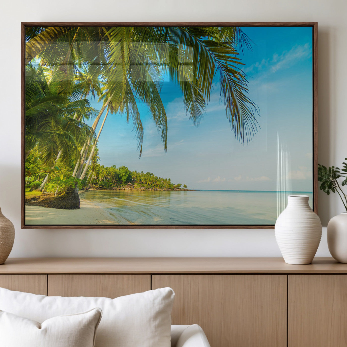 65056721-MGV-FP-36X24-3P_Walnut-Tropical Beach Wall Art – Palm Tree Coastal Photography Print, Relaxing Ocean Paradise Landscape, Island Seascape Home or Office