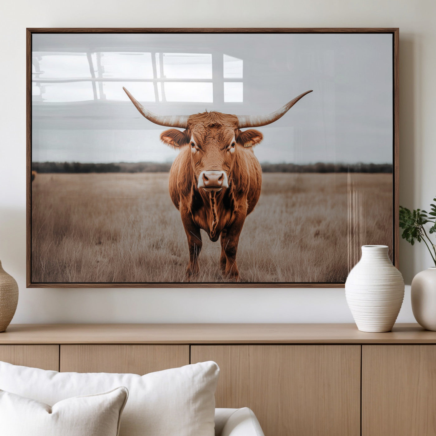 16316734-MGV-FP-60X30-3P_Walnut-Texas Longhorn Wall Art – Rustic Bull Portrait Canvas Print, Western Farmhouse Animal Photography Decor for Living Room, Office,