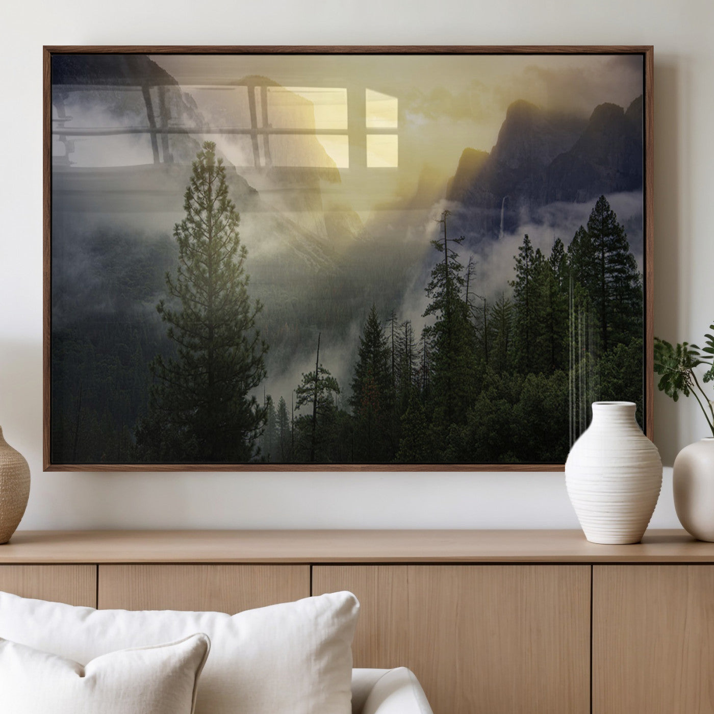 38316884-MGV-FP-36X24-3P_Walnut-Landscape Wall Art – Misty Mountain Valley Canvas Print, Scenic Pine Forest and Sunrise Photography Decor for Bedroom, Living