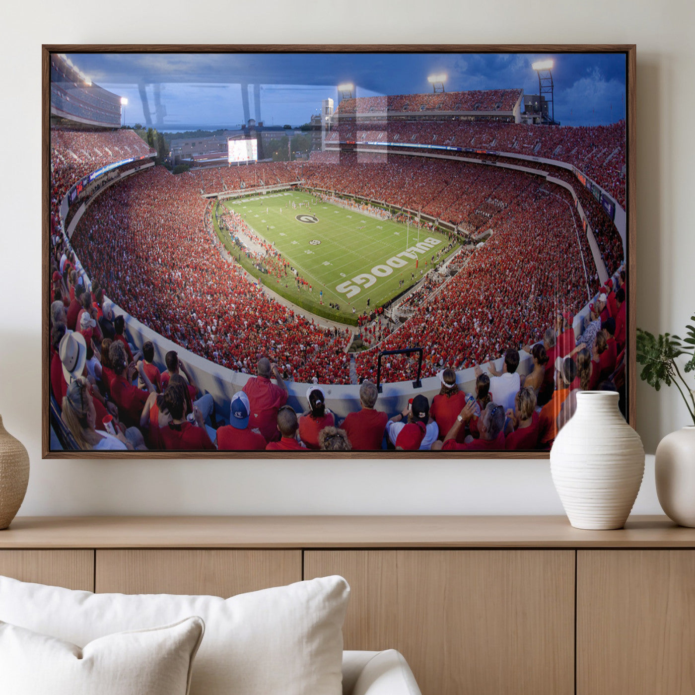 10244378-MGV-FP-36X24-3P_Walnut-Sanford Stadium Wall Art – Georgia Bulldogs Football Panoramic Evening Canvas Print, College Game Day Decor for Man Cave, Bar, or