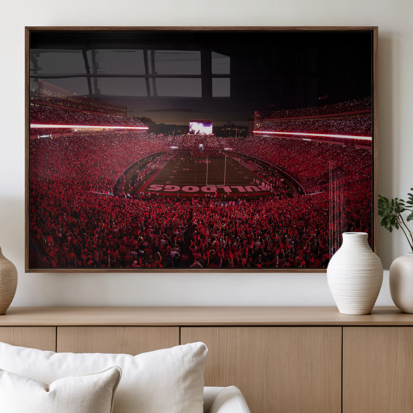 38331045-MGV-FP-36X24-3P_Walnut-Sanford Stadium Wall Art – Georgia Bulldogs Football Red Night Game Canvas Print, Electric College Sports Decor for Man Cave or