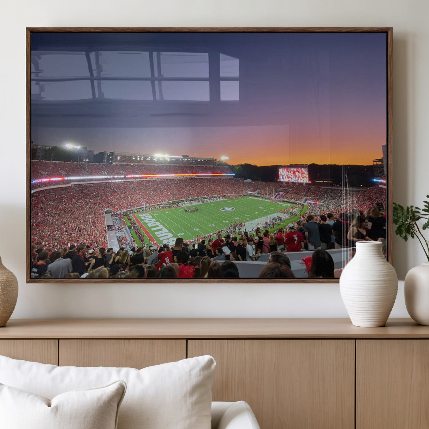25139565-MGV-FP-36X24-3P_Walnut-Sanford Stadium Wall Art – Georgia Bulldogs Football Sunset Panorama Canvas Print, College Game Day Decor for Man Cave, Bar, or