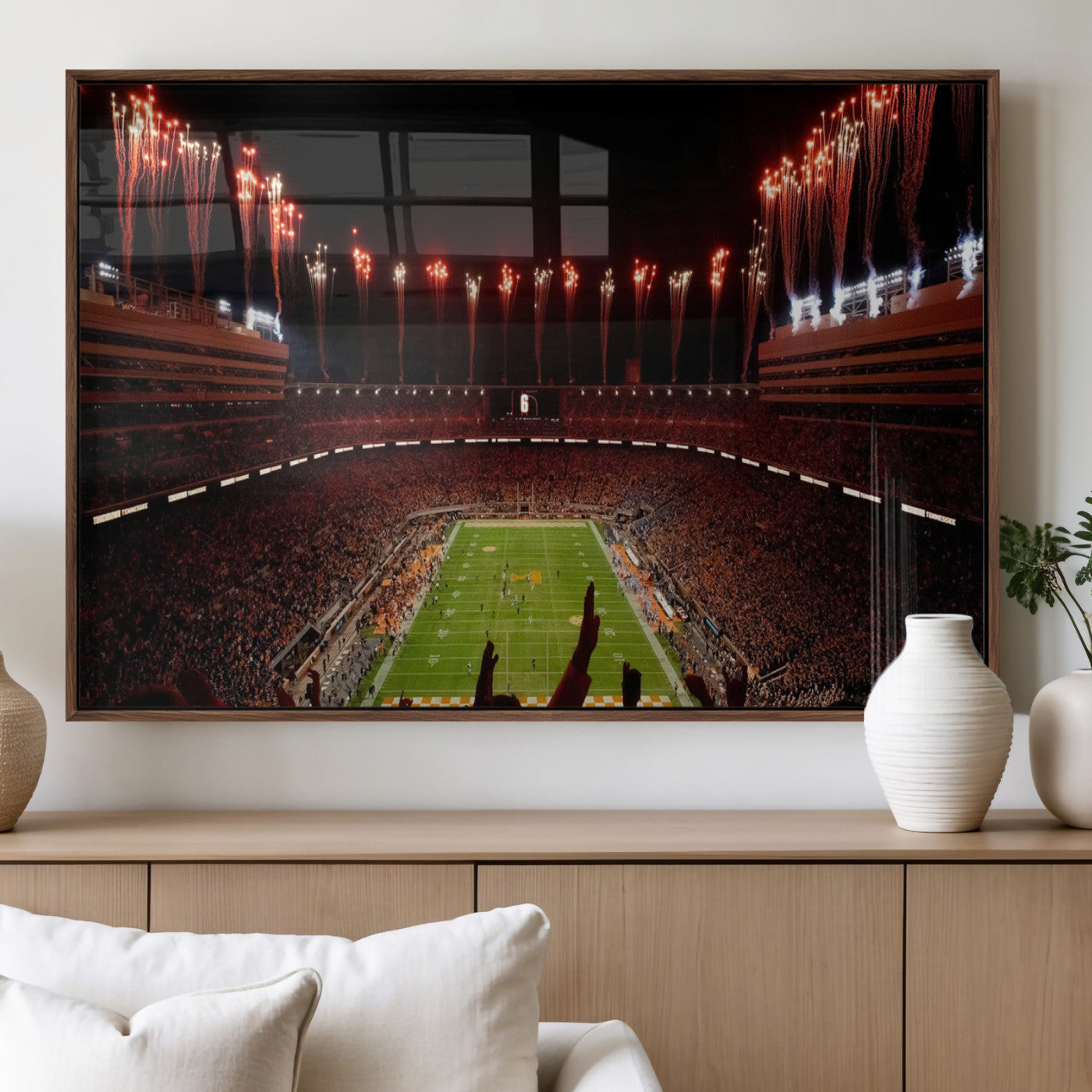 73358115-MGV-FP-36X24-3P_Walnut-Neyland Stadium Wall Art – Panoramic Tennessee Volunteers Night Game Canvas Print, Fireworks Football Celebration Sports Decor for